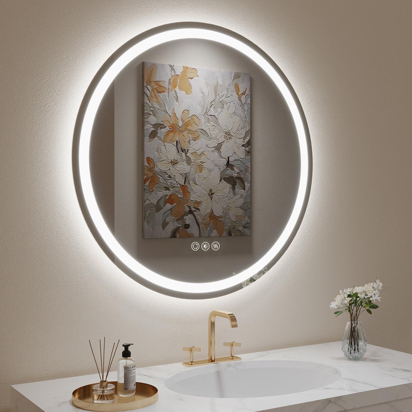 LOVESPEJO Round LED Mirror for Bathroom 32", Anti-Fog LED Bathroom Vanity Mirror with Lights, Dimmable, 3 Colors, Shatterproof