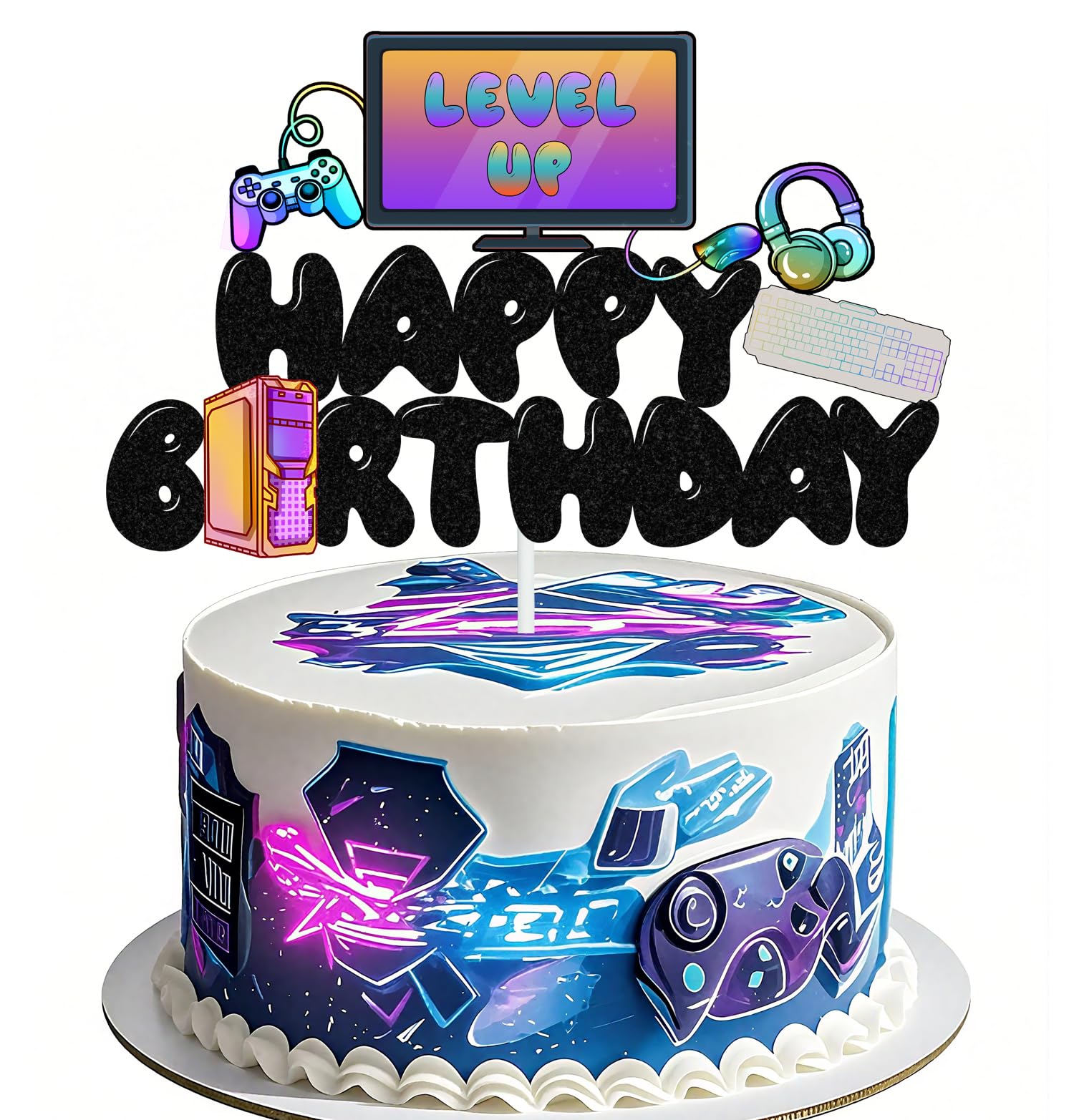 Computer Happy Birthday Cake Topper Computer Party Cake Decorations Video Game Cake Topper for Computer Themed Birthday Party Supplies