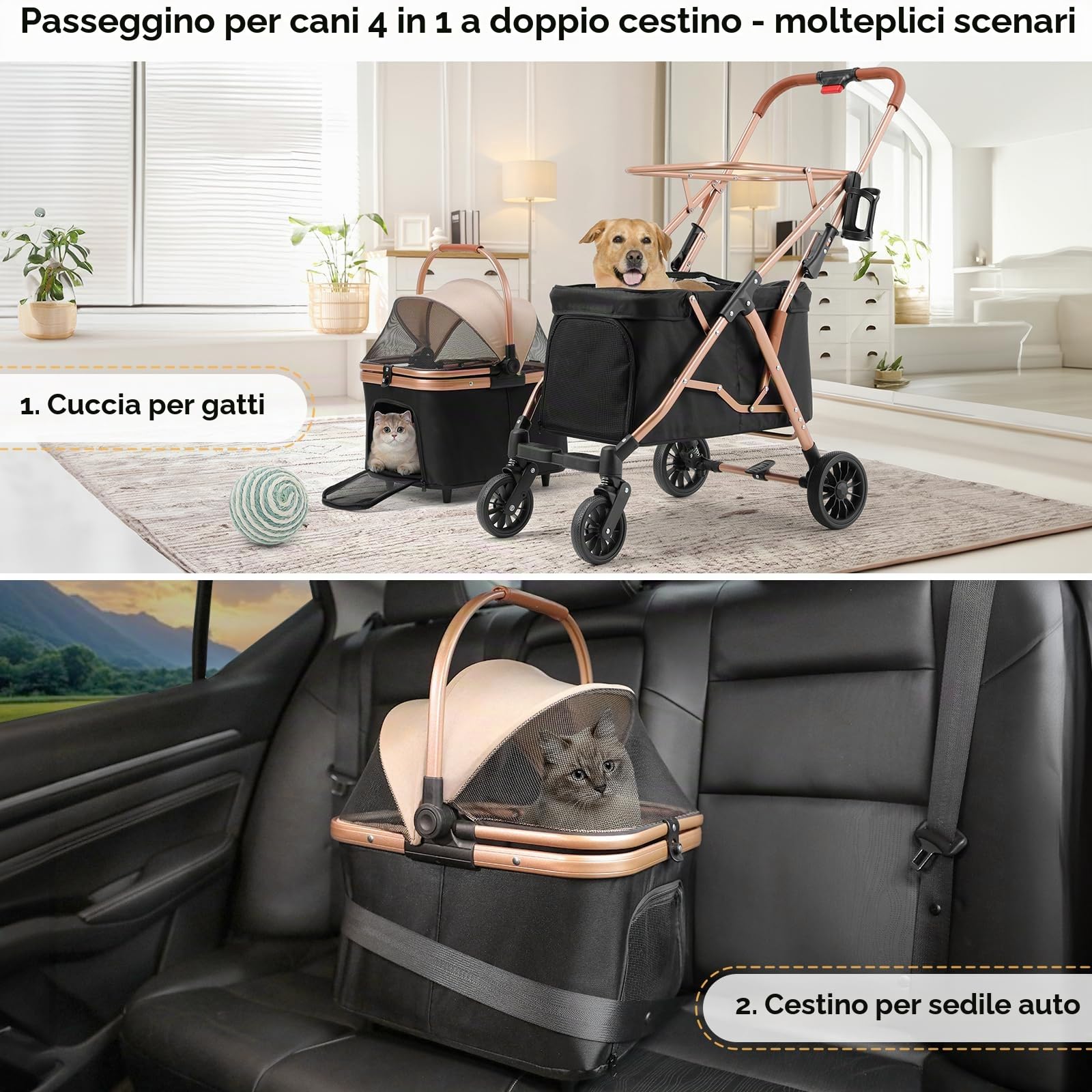 MAMIZO Passeggino Doppio Strato per Cani, Pieghevole Passeggino per Animali Domestici fino a 15 kg, Carrello per Cani, Passeggino Cane con Finestre a Rete e Portabevande e 4 PCS ruote, Nero