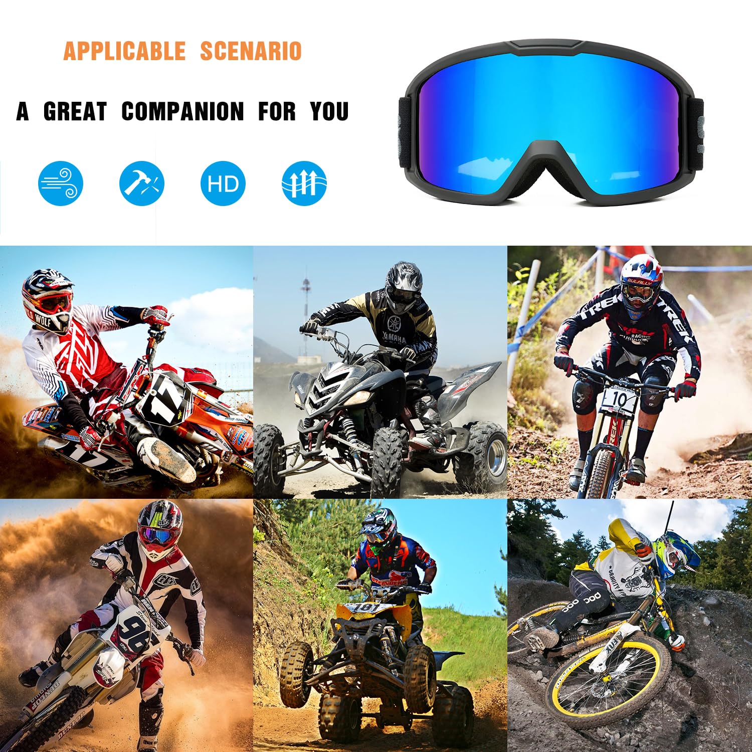 Lunettes de moto tout-terrain pour homme et femme - Protection UV400 MX OTG - Lunettes de course tout-terrain