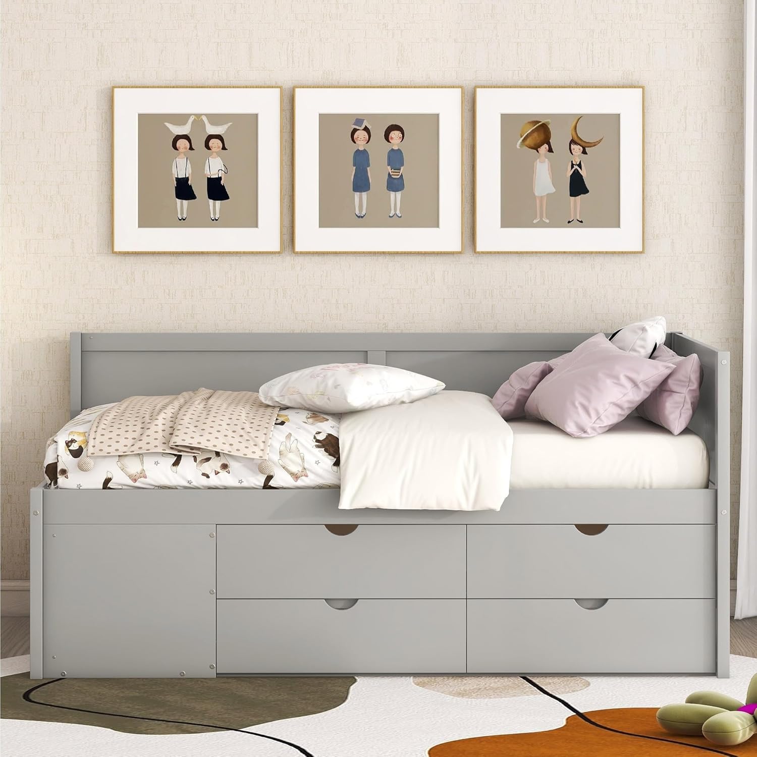 Flieks Twin Size Daybed with Drawers and Shelves, Gray