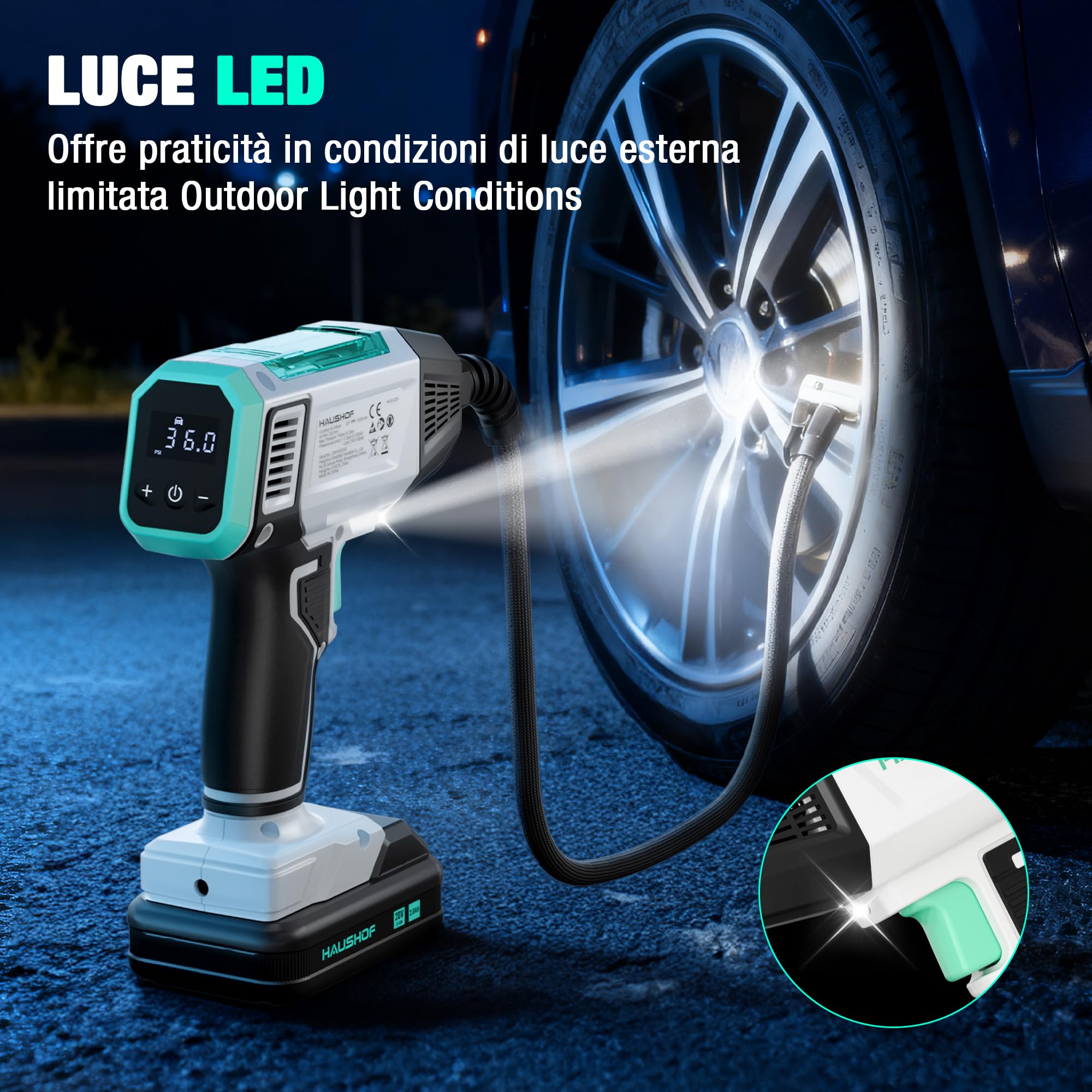 HAUSHOF Compressore Aria Portatile, Mini Compressore a Batteria con 2000 mAh, 4 Modi Intelligenti + Manuale, Display Digitale e Spegnimento Automatico per Pneumatici Auto, Moto, Bici e Palloni