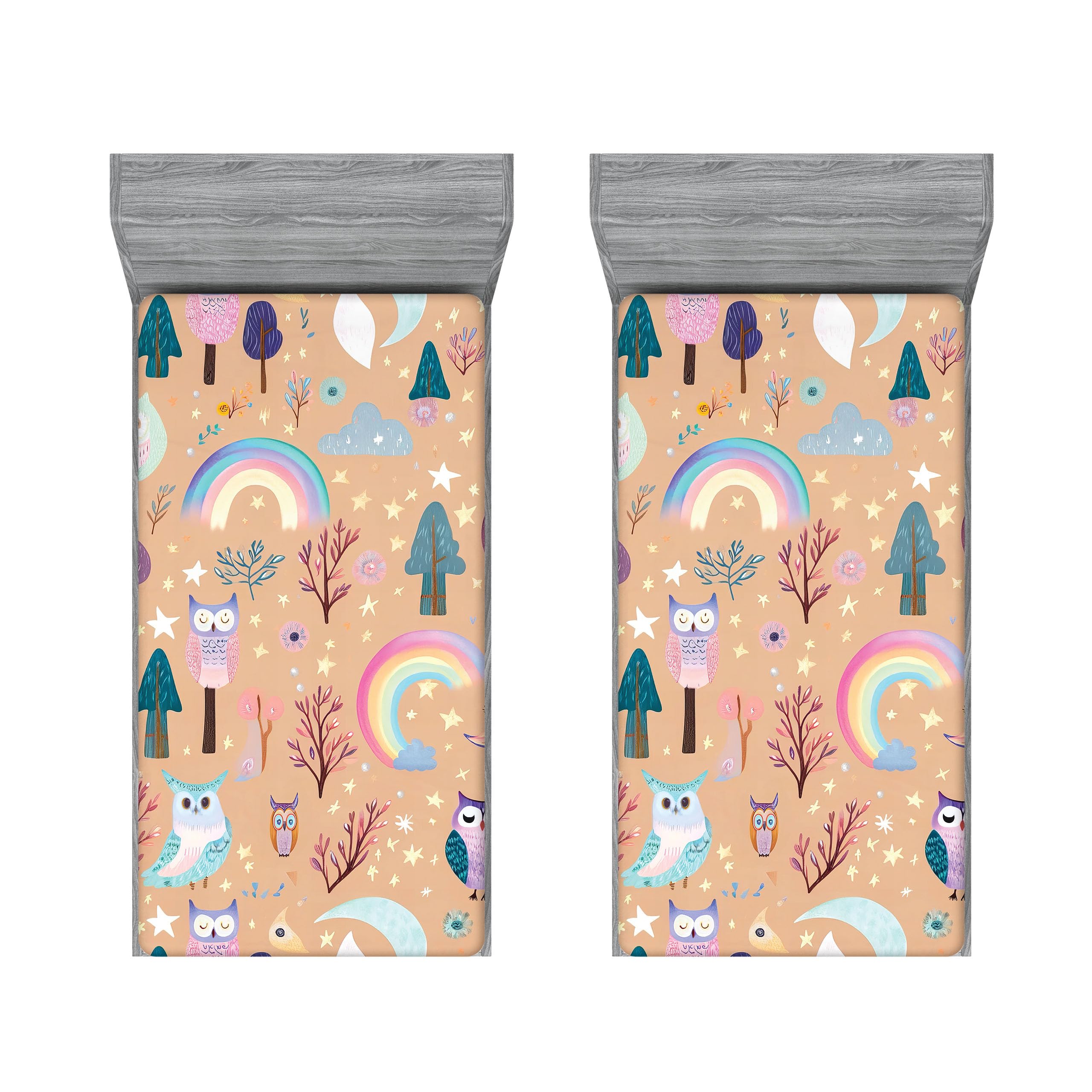 Ambesonne Fantasy 2 Pack Fitted Sheet, Dream Rainbow Starry Jungle, Bed Cover All-Round Elastic Deep Pockets 2 Pieces, Package Contains 2 Twin XL Size Fitted Sheets, Dark Peach Multicolor