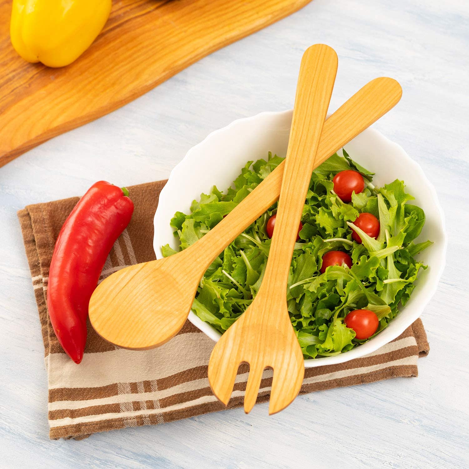 Mr. Woodware Professional Cherry Wood Kitchen Salad Servers, 13.7-Inch Long Handle - Set Of 2 - Ideal For Mixing & Serving Salad, Fruits, Vegetables - 100% Natural - Massive, Sturdy, Eco-Friendly