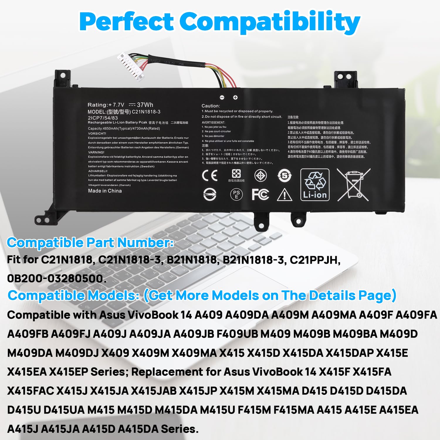 B21N1818-3 C21N1818 Batteria Compatibile con Asus VivoBook A509 D509 F509 M509 X509 A409 D409 F409 X409 F509M F509MA X509MA X509DA X509BA X509F X509FA X509FB X509FJ Serie, B21N1818