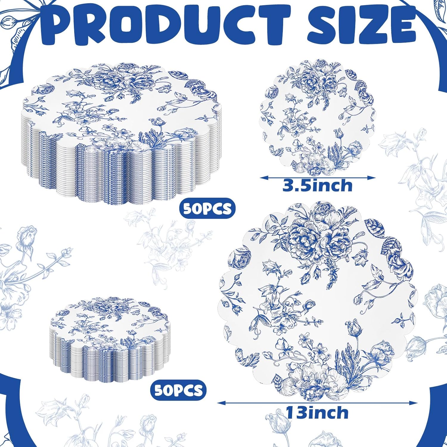 100 Pcs Vintage Blue Floral Placemats and Drinks Coasters Disposable Blue Flower Paper Place Mat Dining Table Decoration Floral Banquet Tableware Bulk for Table Setting Wedding Tea Party Decor