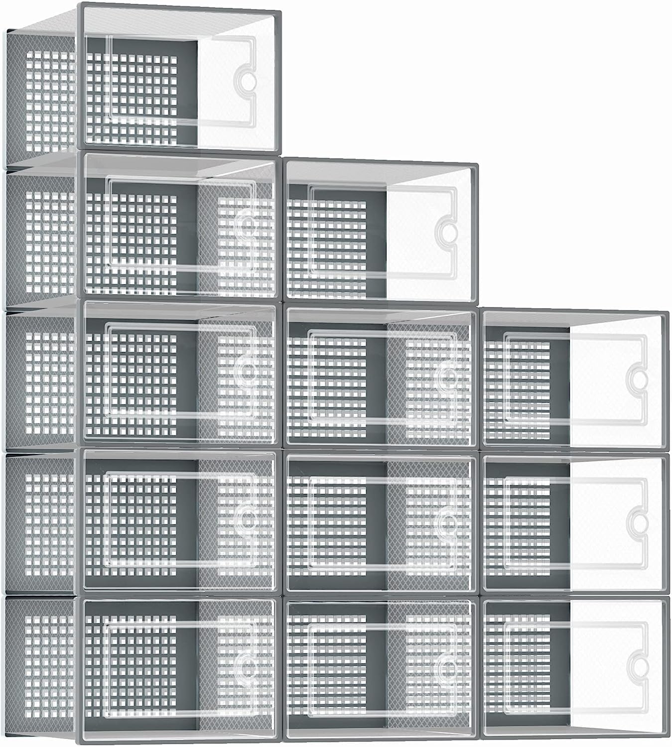 Greenfields 12 Pack Transparent Clear Hard Plastic Stackable Shoe Box Organiser - DIY, Craft Bins, Organisers, Containers, Sturdy and Durable Space Saving, Ventilated with Box Lids (Grey)