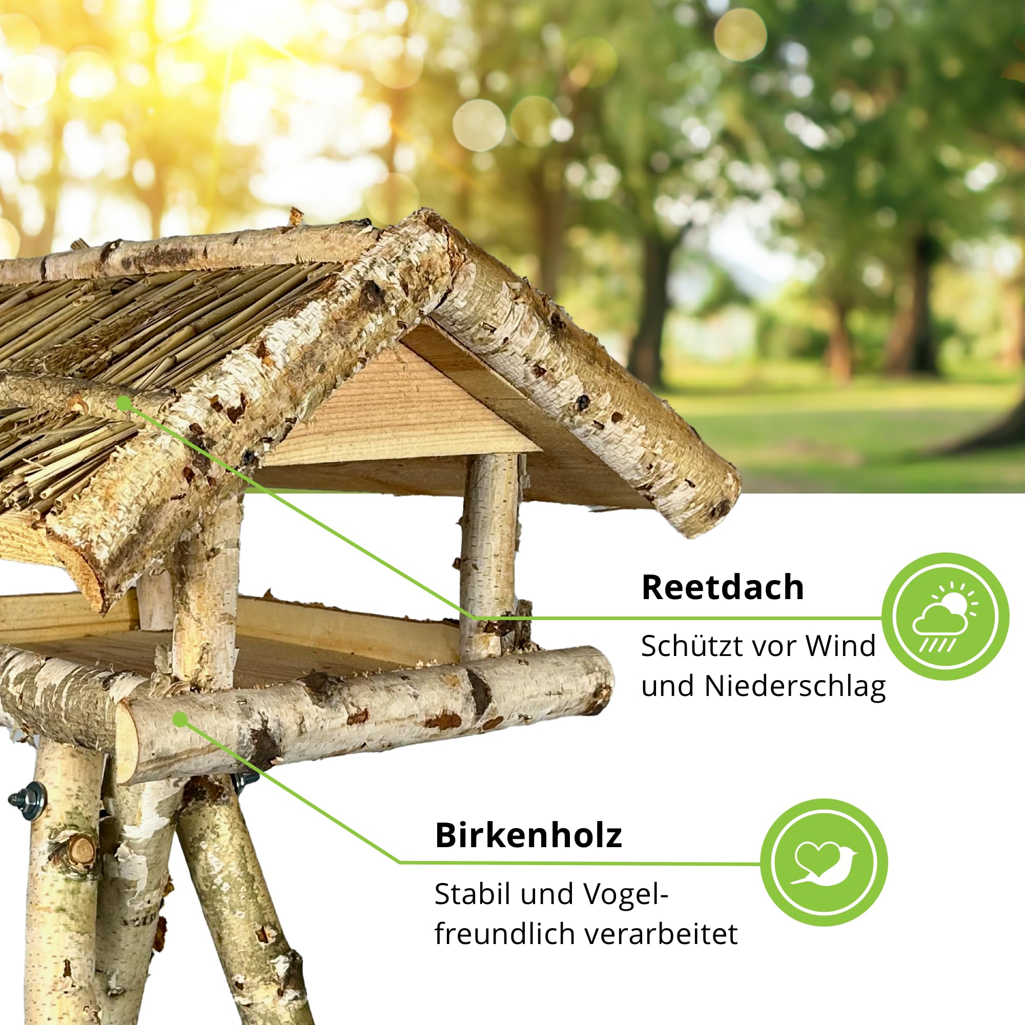GARTENETAGE Vogelhaus Birke mit Reetdach/Vogelhaus mit Ständer wetterfest und stabil/Vogelfutterhaus mit Ständer/Robustes Vogelhäuschen für Ihren Garten