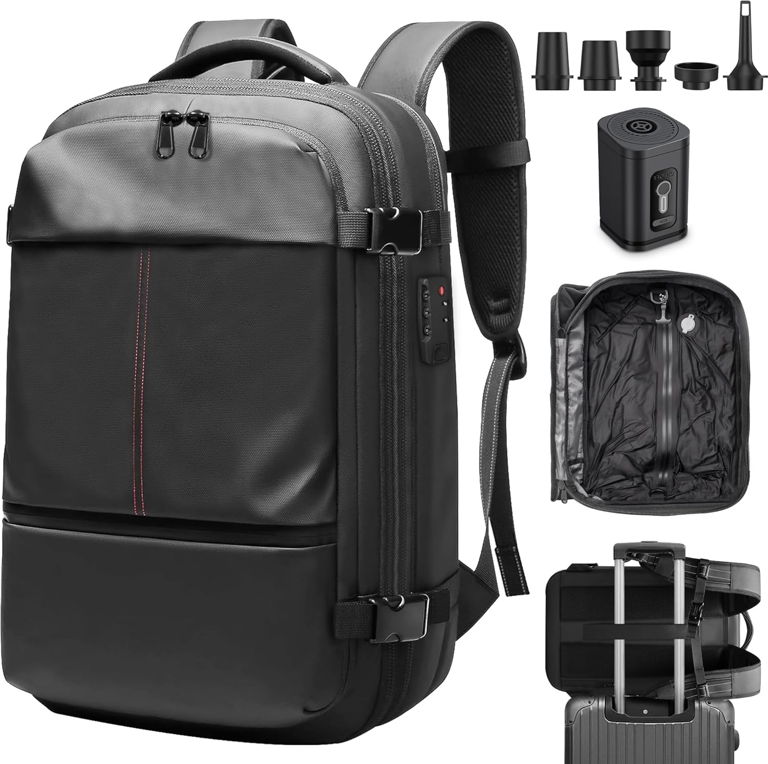 Vacuum Backpack Travel, Vacuum Compression Travel Backpack with Pump, Water Resistant & TSA Anti Theft, Ideal for Travel/Camping/Laptop (With Electric Air Pump & Black)