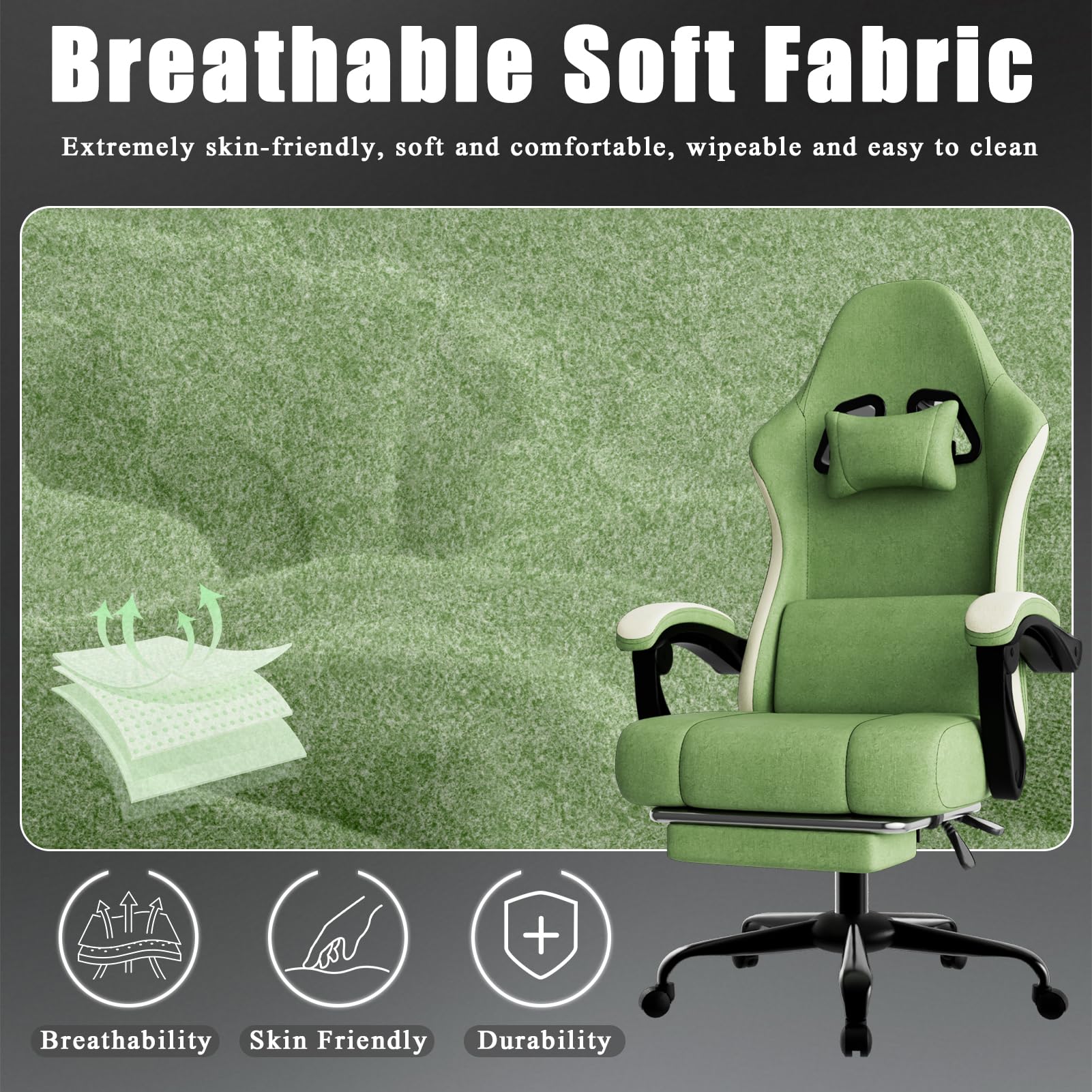 Sedia da Gaming Ergonomica con Molle Insacchettate e Poggiapiedi, Sedia Gamer con Supporto Lombare Regolabile, Sedie da Ufficio Schienale Regolabile 90-135°, Portata 150 Kg (Verde lime)