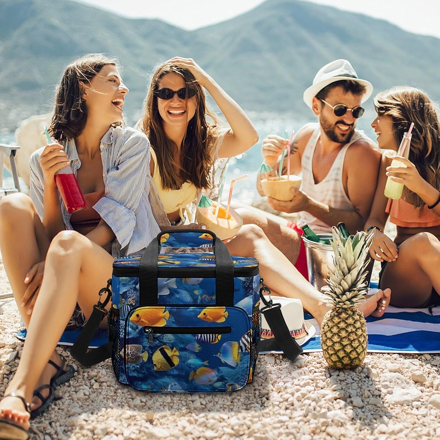 Camping Ice Pack, Tropical Fishes Print Cooler Bag, 22.5L Large Capacity Insulated Lunch Tote Bag for Outdoor, Picnic, BBQ, Travel, Work