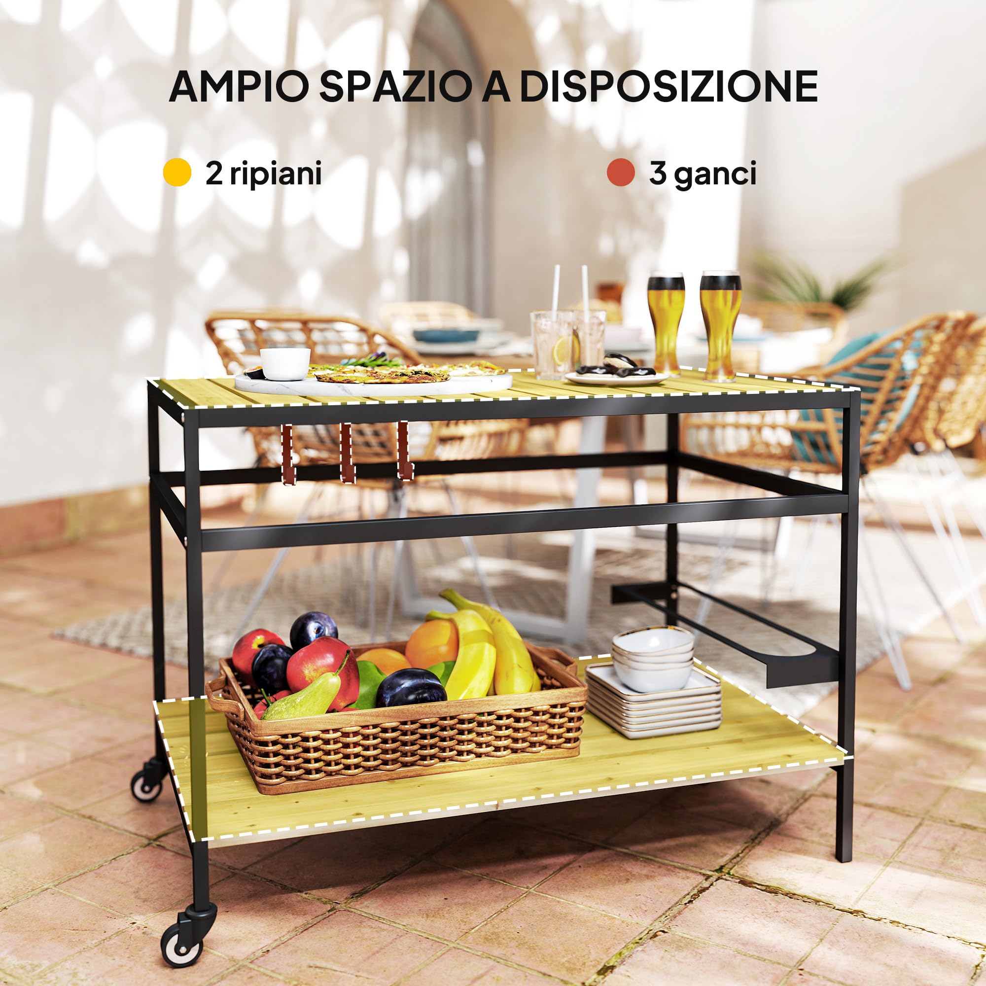 Outsunny Carrello Portavivande da Giardino in Legno di Abete 107x65x80 cm 2 Ripiani 3 Ganci