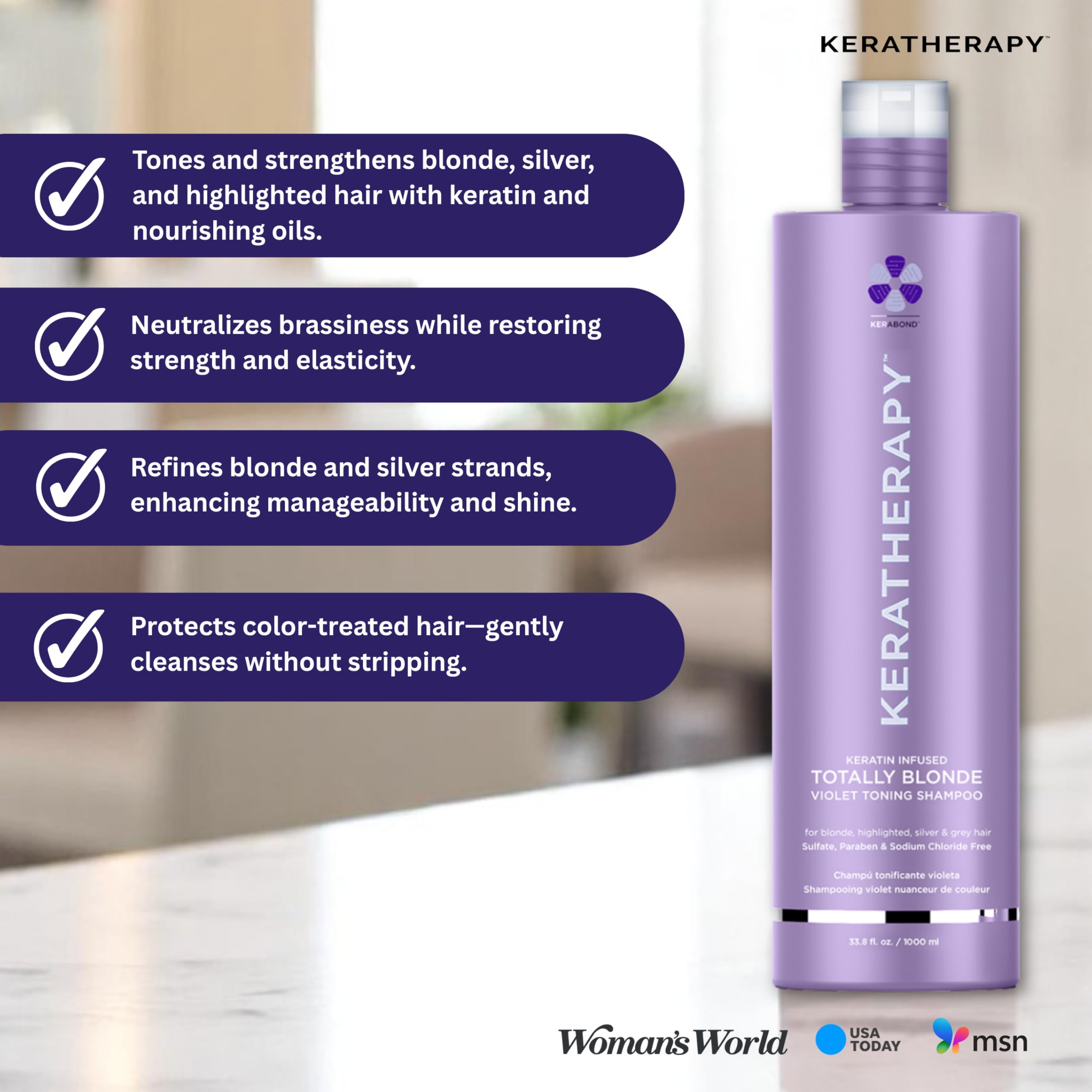 KERATHERAPY Keratin Infused Totally Blonde Violet Toning Shampoo, 33.8 fl. oz., 1000 ml - Violet Shampoo for Blonde Color Treated Hair, Brassy, Silver, & Highlighted - Sulfate & Paraben Free