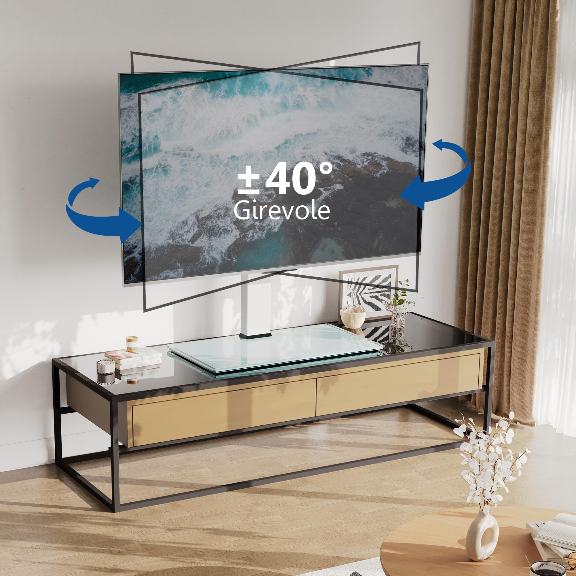 FITUEYES Supporto TV da tavolo da 50-85 pollici, stabile piedistallo per TV con regolazione in altezza, girevole a 80° e base in vetro temperato, supporta 65 kg, VESA max 800 x 600 mm, bianco (Bianco)