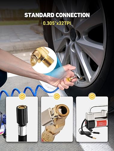 Miniatura 3 de EVOULTES Adaptador de manguera de inflador de neumáticos de metal con válvula de liberación de latón, portabrocas de neumático de bloqueo con rosca