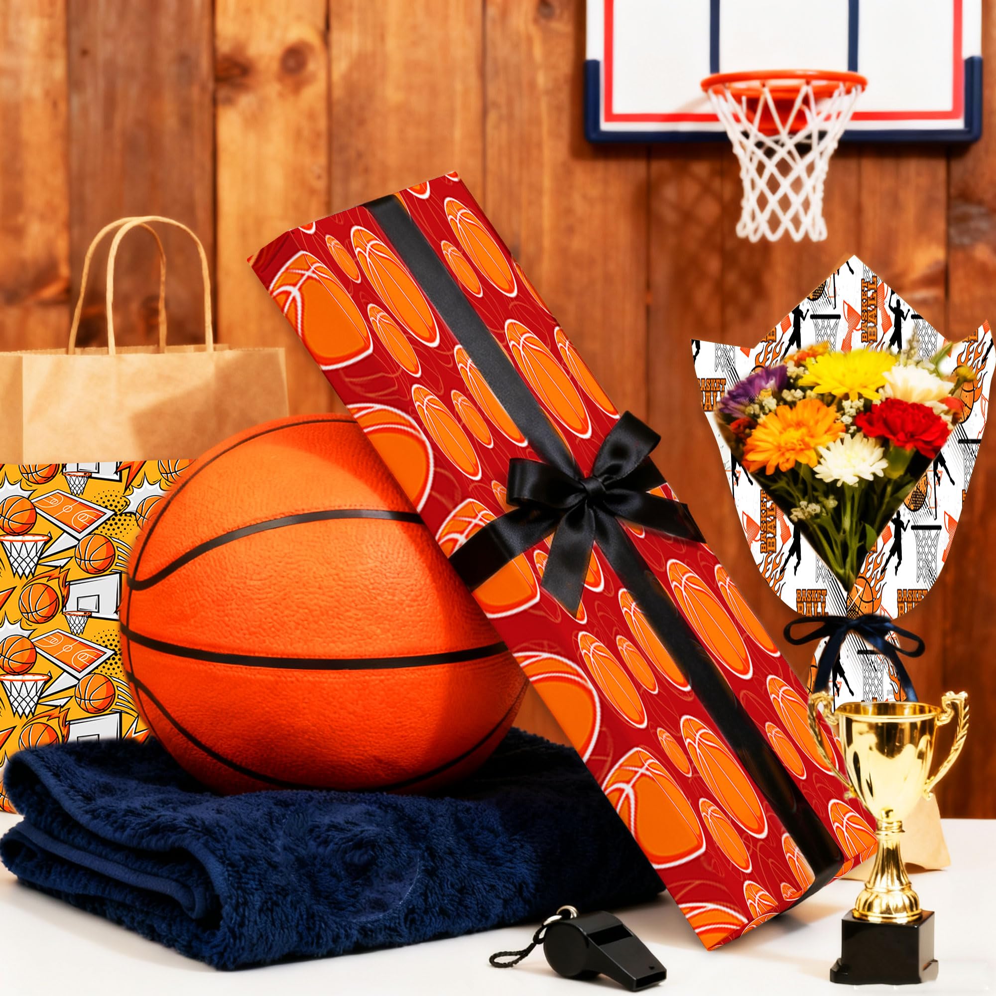 Roaring Good Time papel de regalo estampado baloncesto papel artesanal deportivo para cumpleaños y fiestas deportivas envoltura personalizada balones