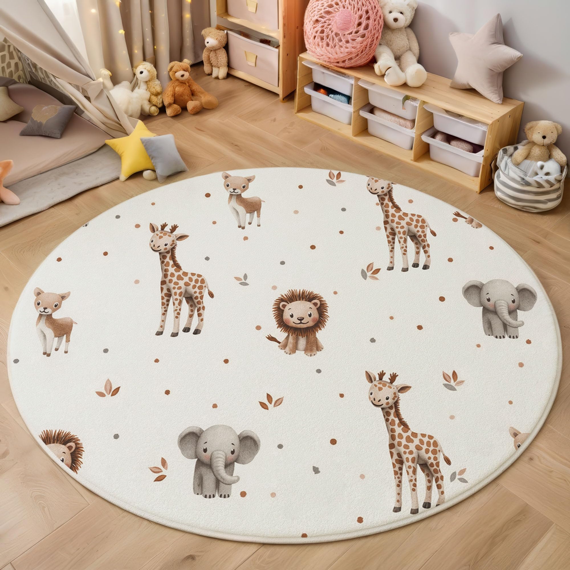 Tapis rond lion chambre d'enfant 160 cm tapis antidérapant crème