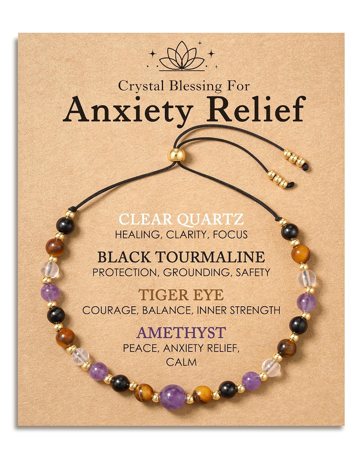 HGDEER Dainty Anxiety Relief Healing Crystal Bracelet - Natural Amethyst Black Tourmaline Tiger Eye Quartz Beaded Stress Relief Gifts for Women - with Blessing Card and Velvet...