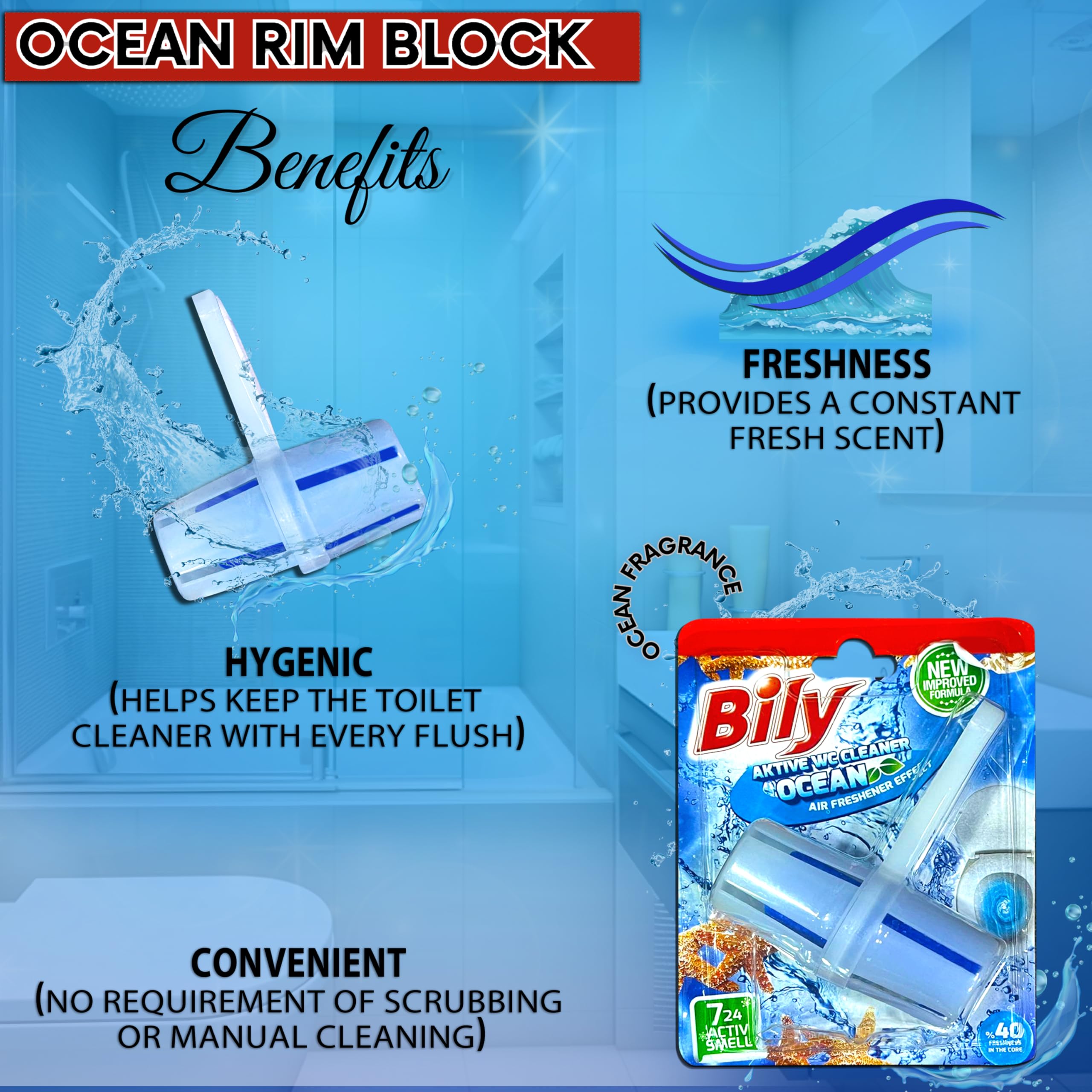 Bily Solid Toilet Rim Block Ocean | 3 * 40g Value Pack| Powerful Foaming and Cleaning | Prevents Limescale and dirt buildup | 24 * 7 Fragrance and Freshness| 4 Function Formula - Image 4 thumbnail