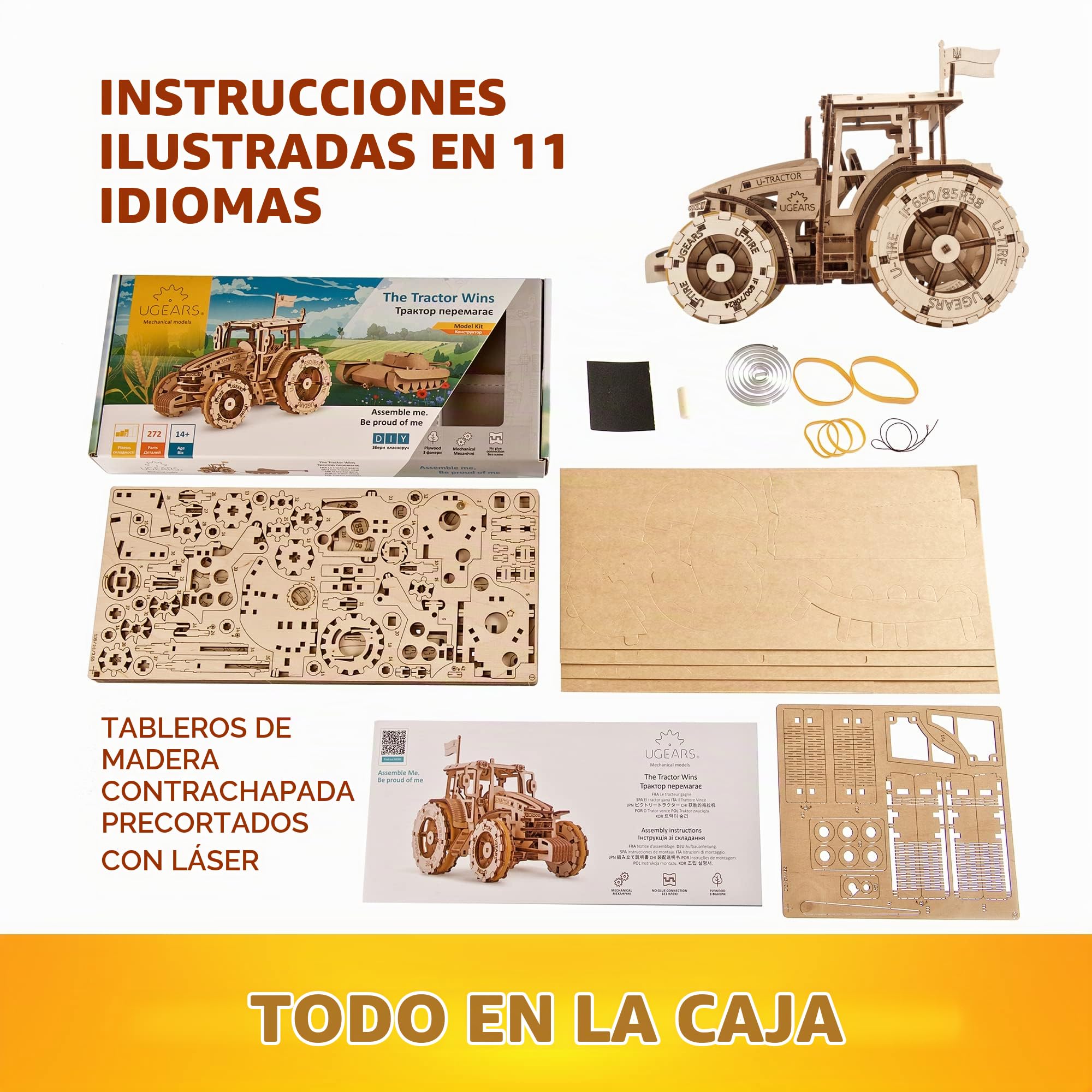 UGEARS Puzzle 3D El Tractor GANA - Maqueta para Construir para Adultos de Tractor de Madera Potente con depósito de Papel Plegable - Maquetas de Madera y Puzzles 3D – DIY Maquetas para Montar