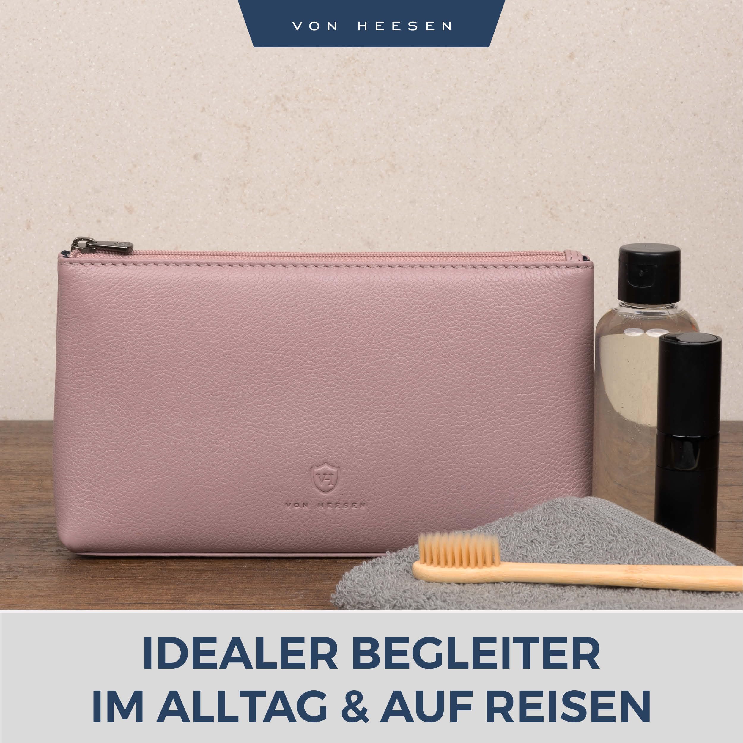 VON HEESEN Echtleder Kosmetiktasche für Damen & Herren - Kulturbeutel aus echtem Leder - Kulturtasche und Waschtasche für Männer und Frauen in Lavendel