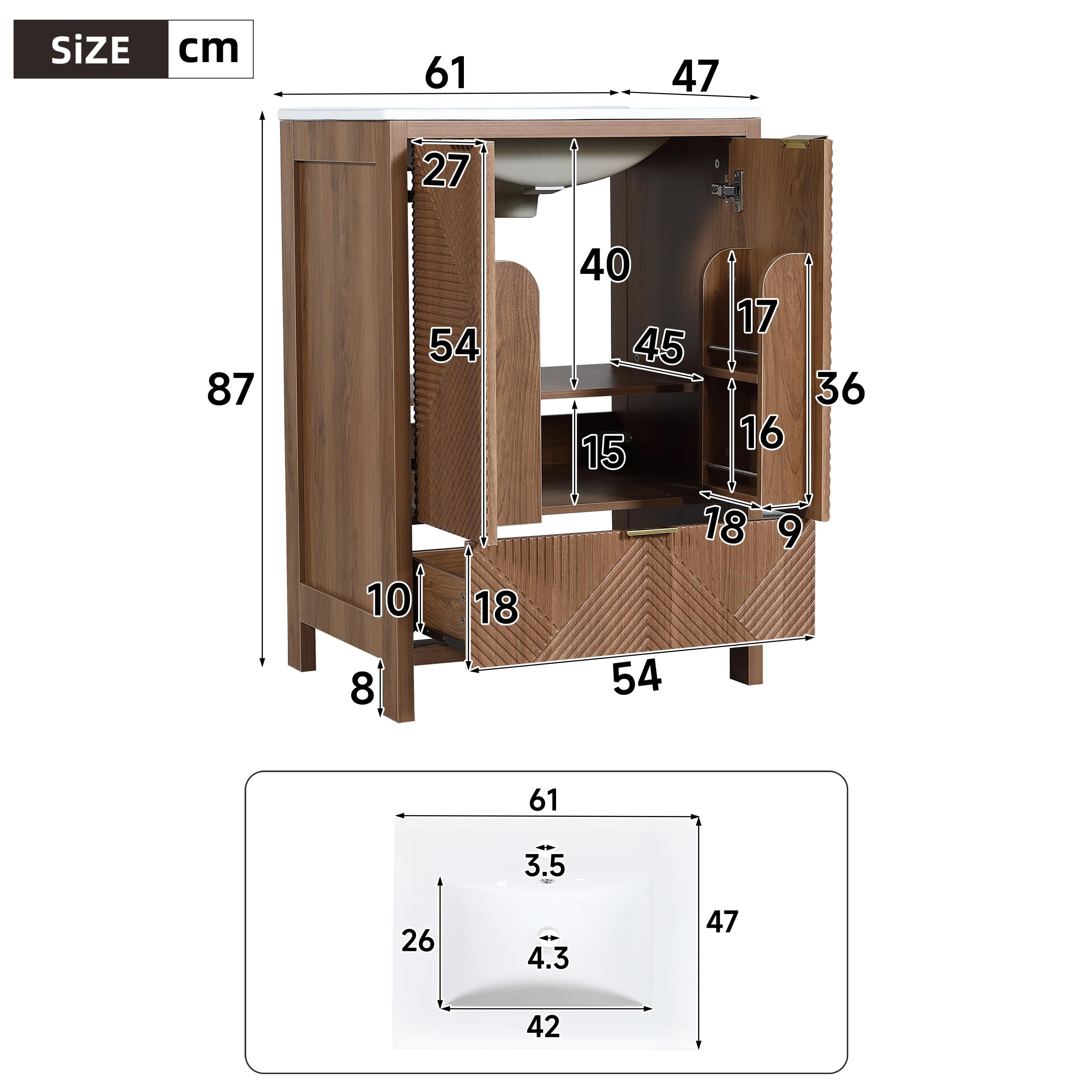 Merax Armario de lavabo con lavabo de cerámica de 61 cm, armario de baño con efecto ondas, 1 cajón y 2 puertas, cierre suave, estantes para puertas, nogal, 61 x 47 x 87 cm