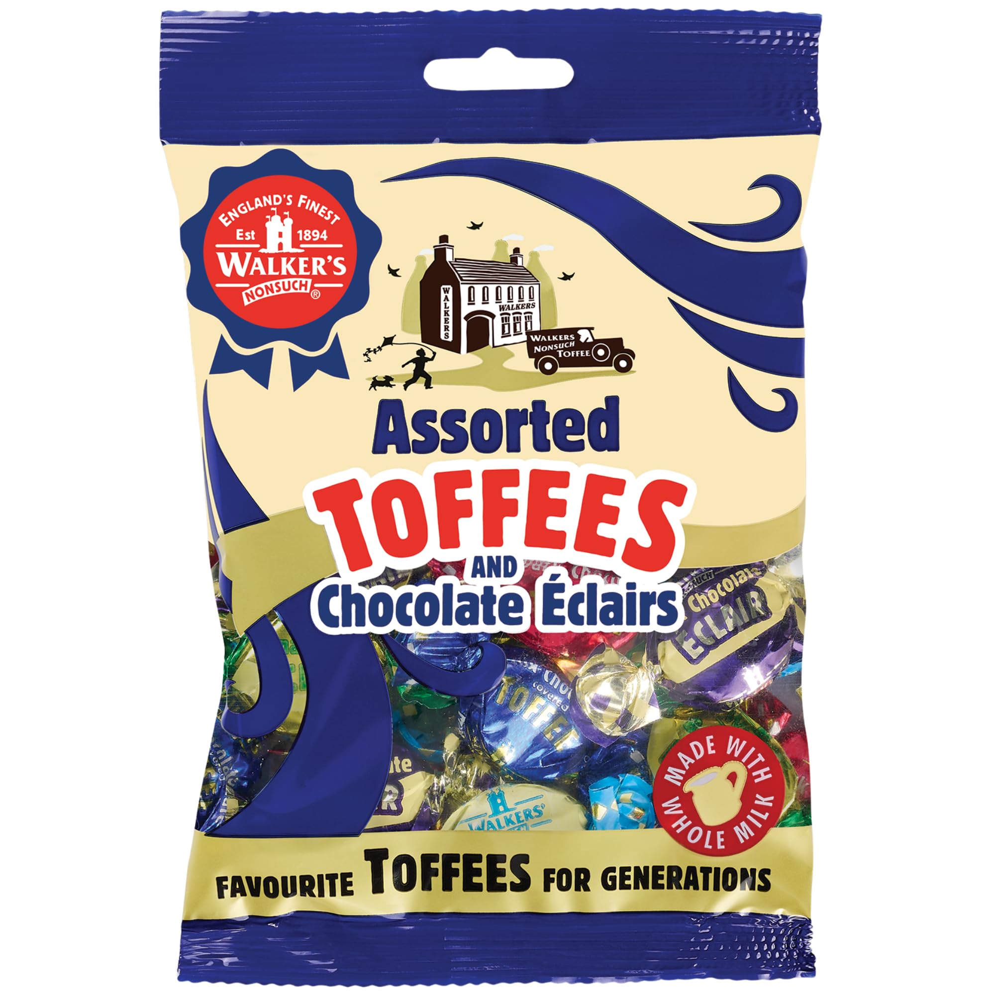 Walkers' Nonsuch Assorted Toffees & Chocolate Éclairs | Contains English Creamy, Milk & Dark Chocolate Covered, Banana Split & Milk Toffees | Traditional British Candy | 5.29 Oz (150g)