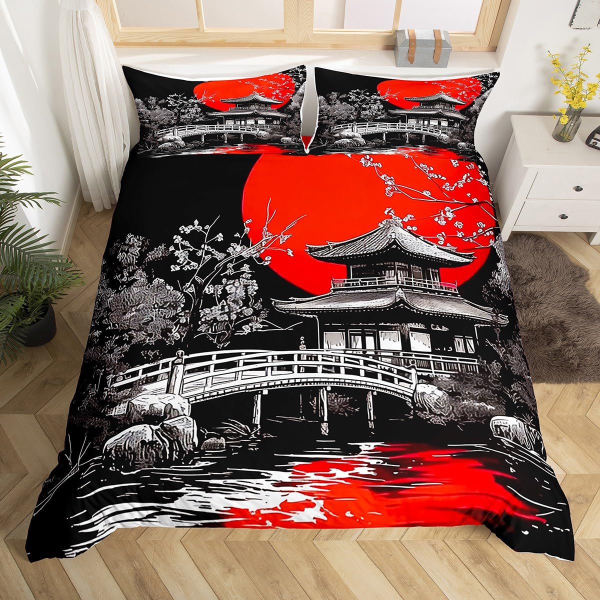 Loussiesd Japanese Ukiyoe Duvet Cover Set King Size For Kids Boys Girls Adults Japanese Style Bedding Set Red Sunset Comforter Cover with 2 Pillowcases Hokusai Pattern Beds Set - Image 4