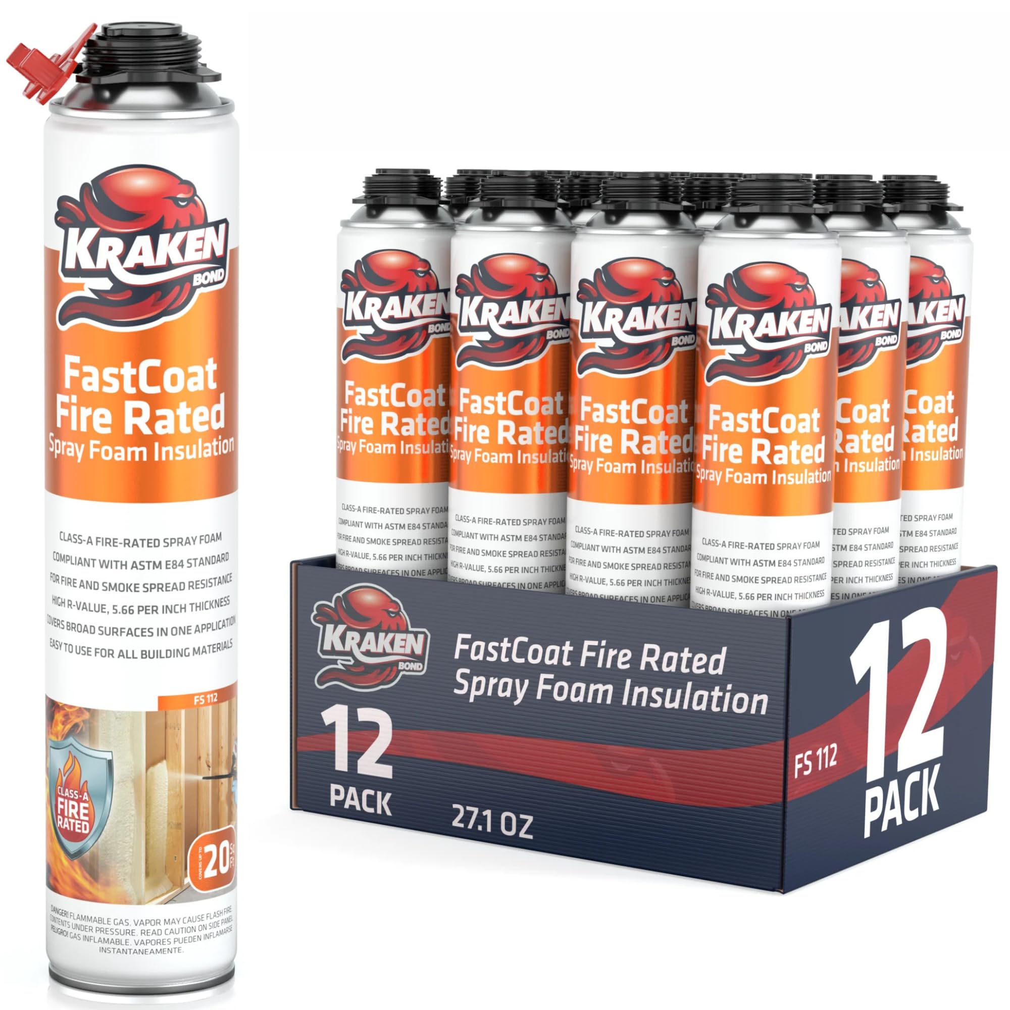 Kraken Bond Fastcoat Fire Rated Spray Foam Insulation Kit Closed Cell in a Can 240 sq ft (12x27.1 oz.)(R-Value 11.32 / 2in)- Spray Foam for Garage