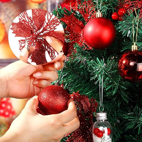 Miniatura 5 de Juego de 60 adornos de bolas de Navidad con purpurina para árbol de Navidad con bolas colgantes de 2.36 pulgadas y flores de Navidad de 6.3 pulgadas