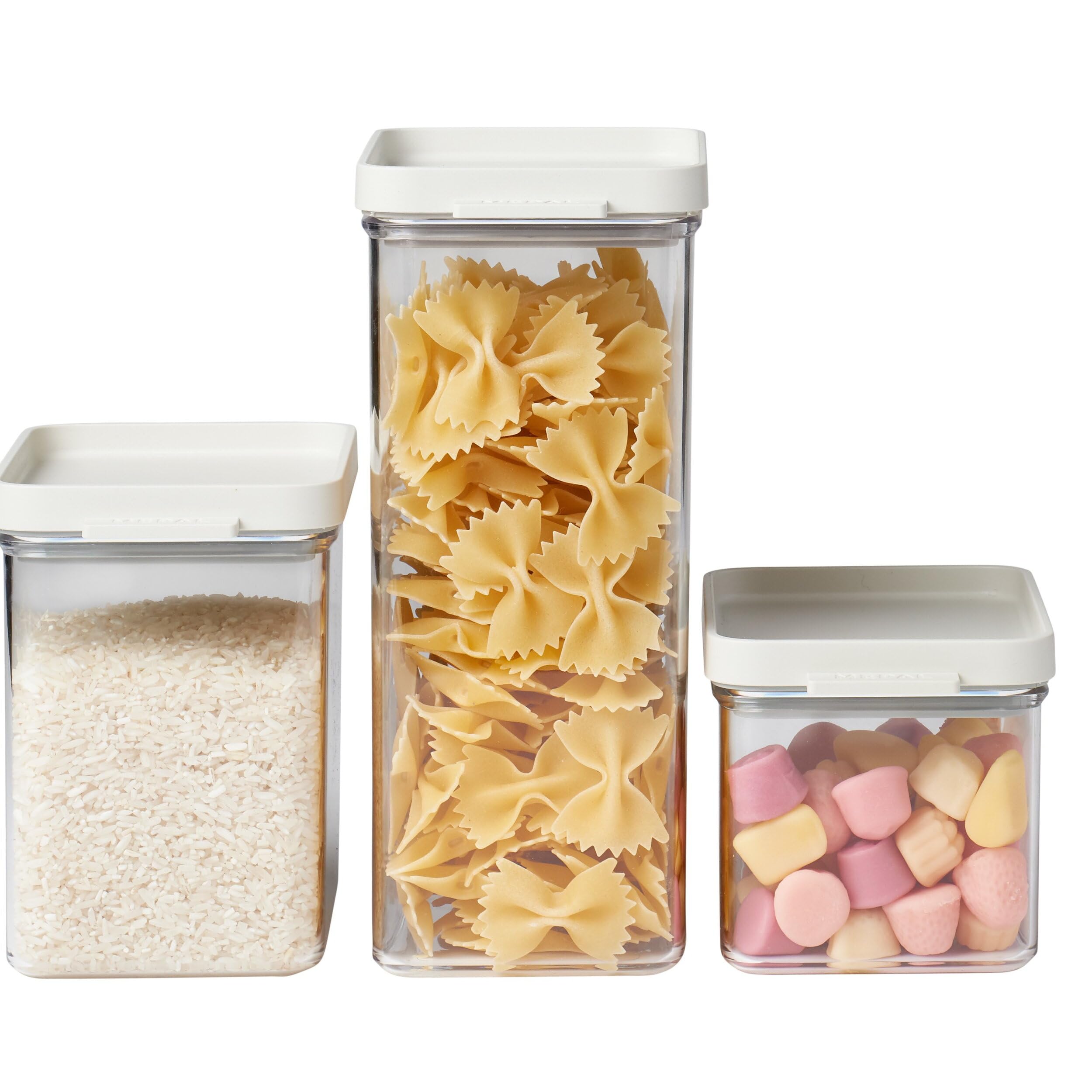 OMNIA 3 Piece Food Storage Box Set for Cereal or Pasta with 3 Lids, Airtight, BPA Free, White, 1 Set