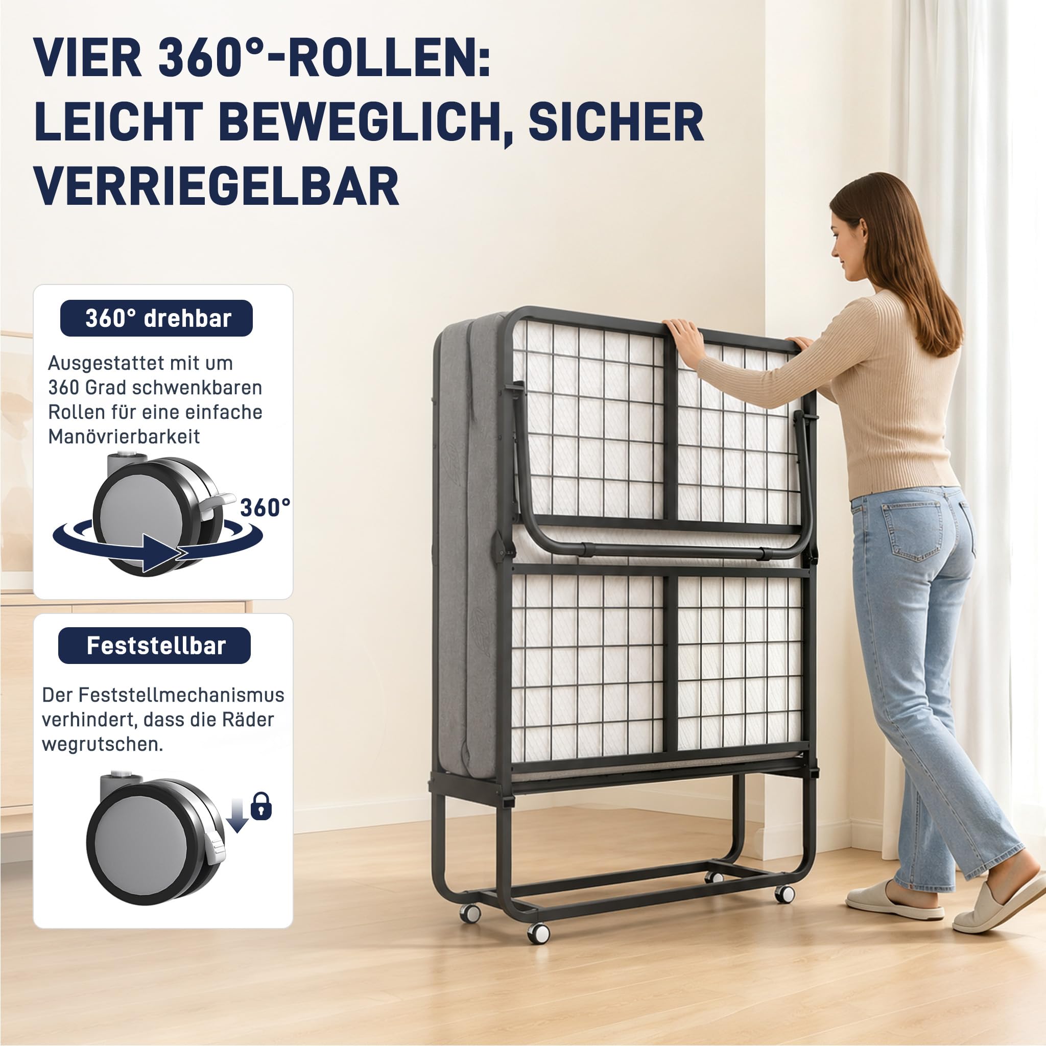 ACXIN Klappbett 90x200 cm Gästebett Klappbar für Erwachsene – Metallbettgestell mit 13 cm Memoryschaum-Matratze, Faltbares Reisebett mit Rollen, Belastbar bis 200 kg