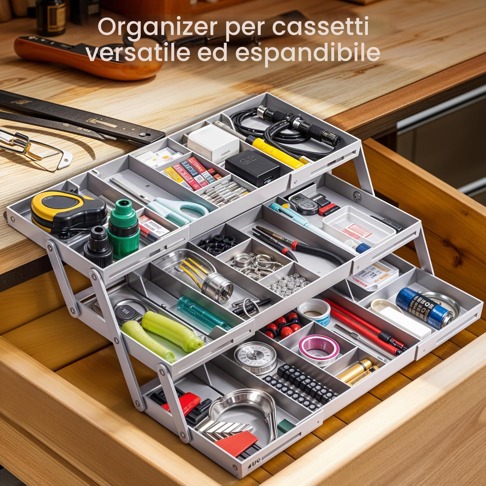 Belle Vous Organizer per Cassetti - Divisorio Plastica con 3 Ripiani - Organizzatore Ripiegabile per Trucchi e Gadget - Porta Oggetti a Scomparti da Casa e Ufficio