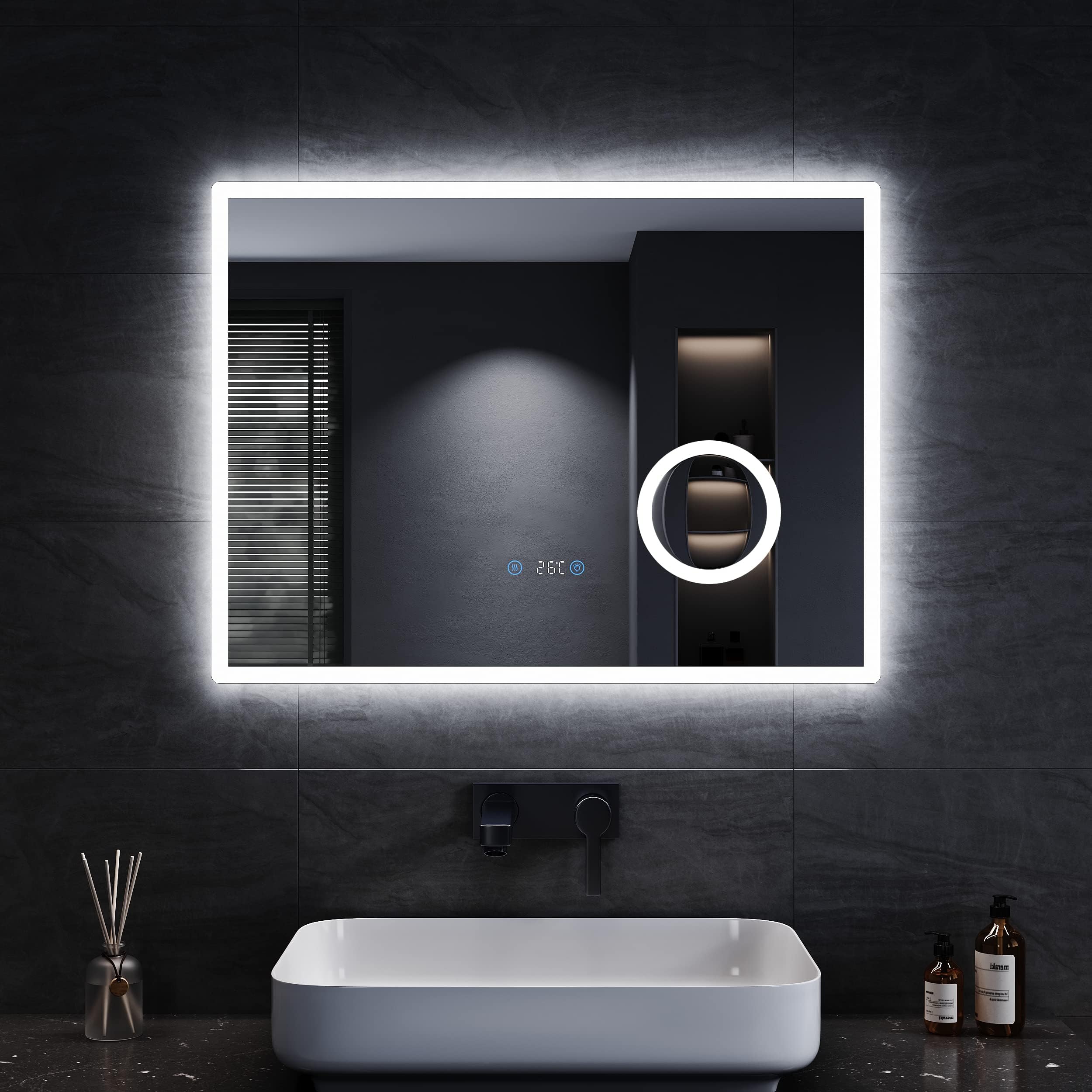 SONNI Espejo de Baño con Iluminación 80 x 60 cm Espejo de Baño LED Antiniebla Espejo de Baño con Interruptor Táctil Espejo Montado en La Pared Temperatura del Reloj 3 Veces Amplificada