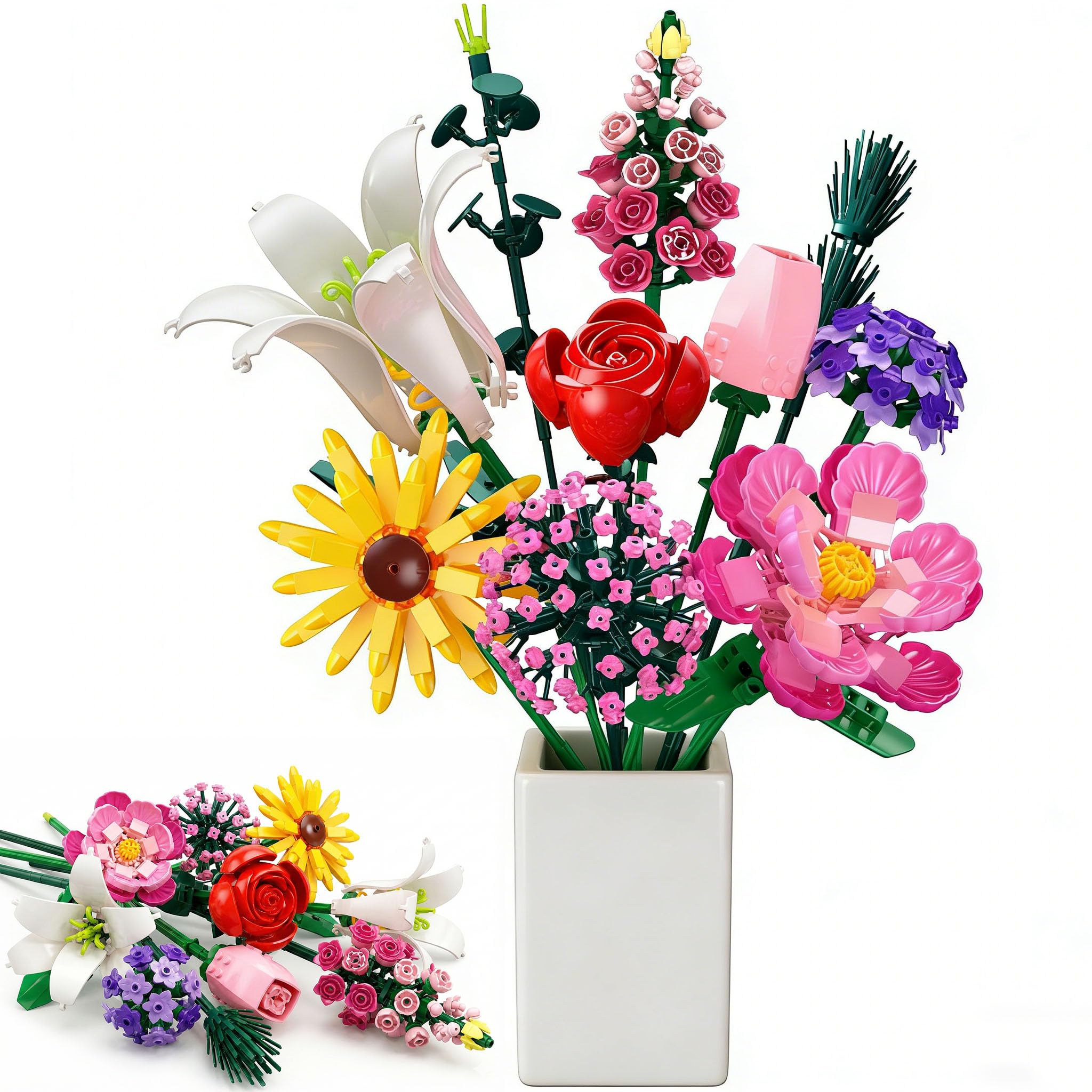 Kit de Construction Bouquet de Fleurs, 721 PCS 10 Flower Décoratives pour Bureau ou Maison, Cadeaux pour Noël Enfants 6+ Ans & Adultes, Fête des Mères, Saint-Valentin pour Homme ou Femme