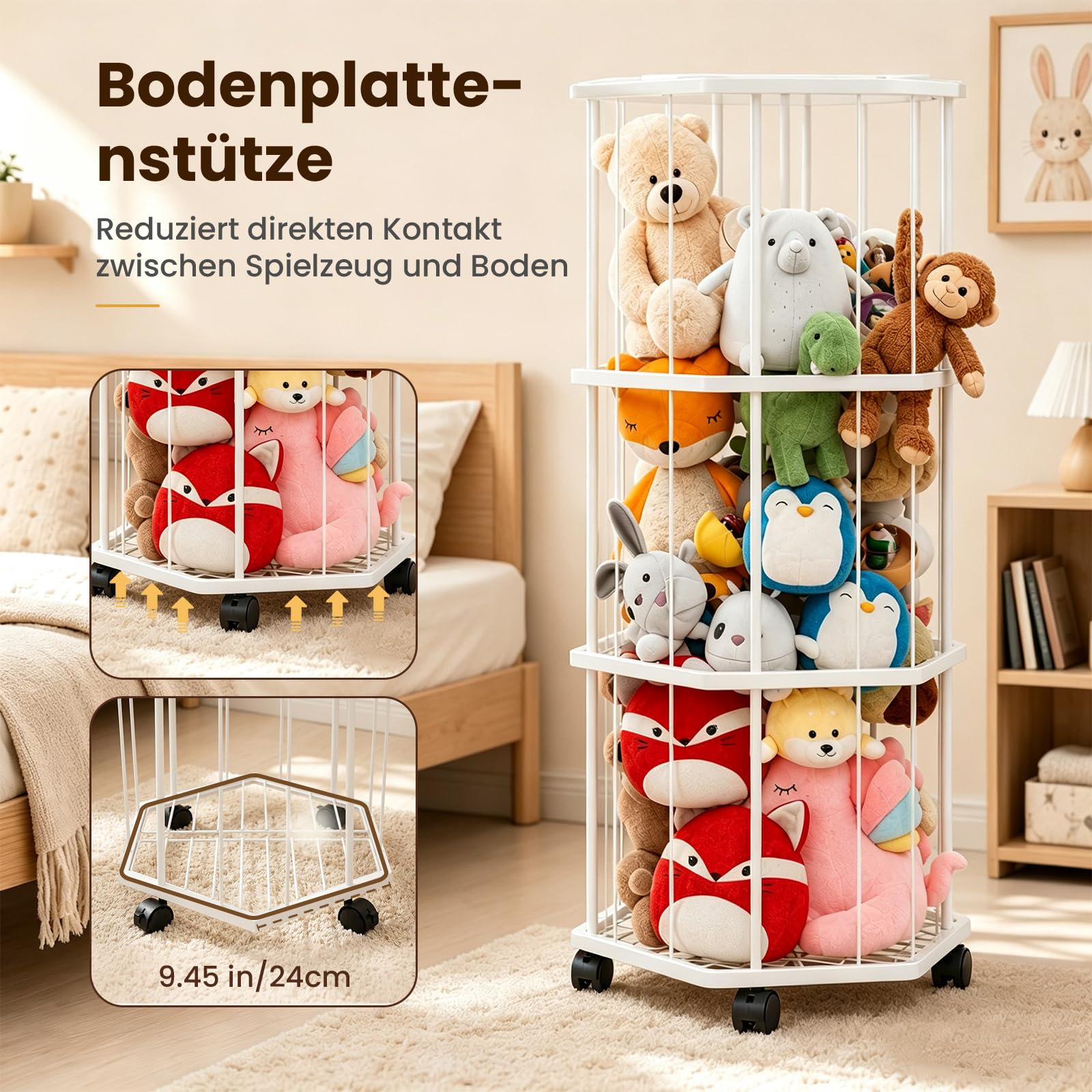 Stahll Groß Kuscheltier Aufbewahrung 145 cm mit 360° Bremsrädern | Stofftier Aufbewahrung mit Elastische Schnuren, Platzeinsparung 3-Schicht Aufbewahrung Kuscheltiere für Kinderzimmer Playroom