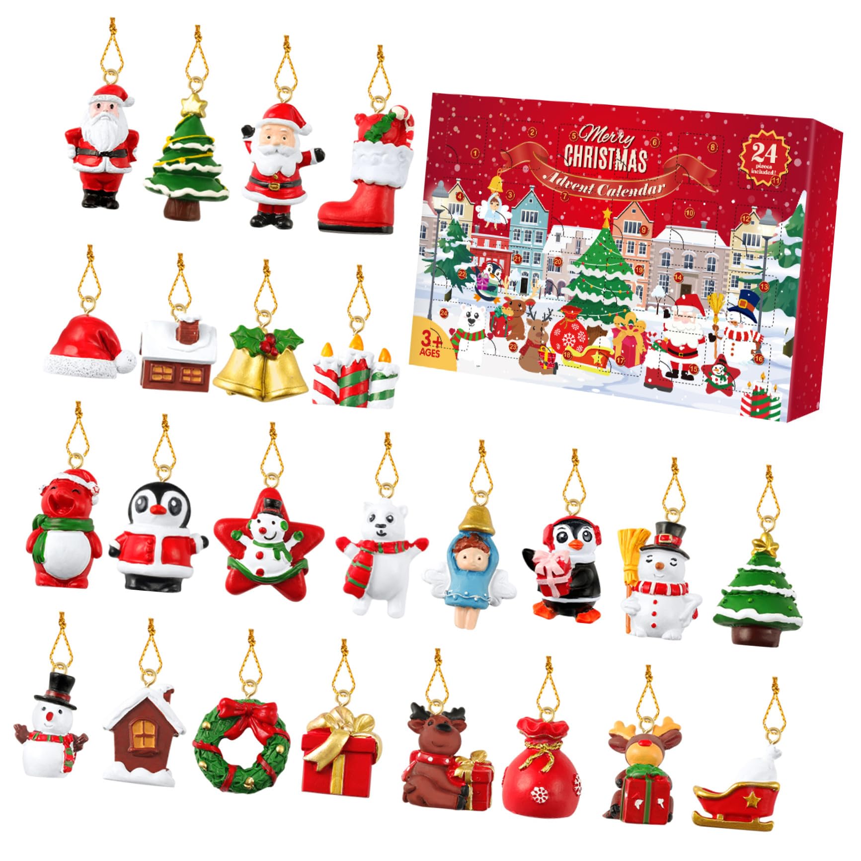 Calendario de Adviento Navideño con 24 Adornos Colgantes de Resina para Decorar Árboles y Habitaciones con Función de Cuenta Regresiva