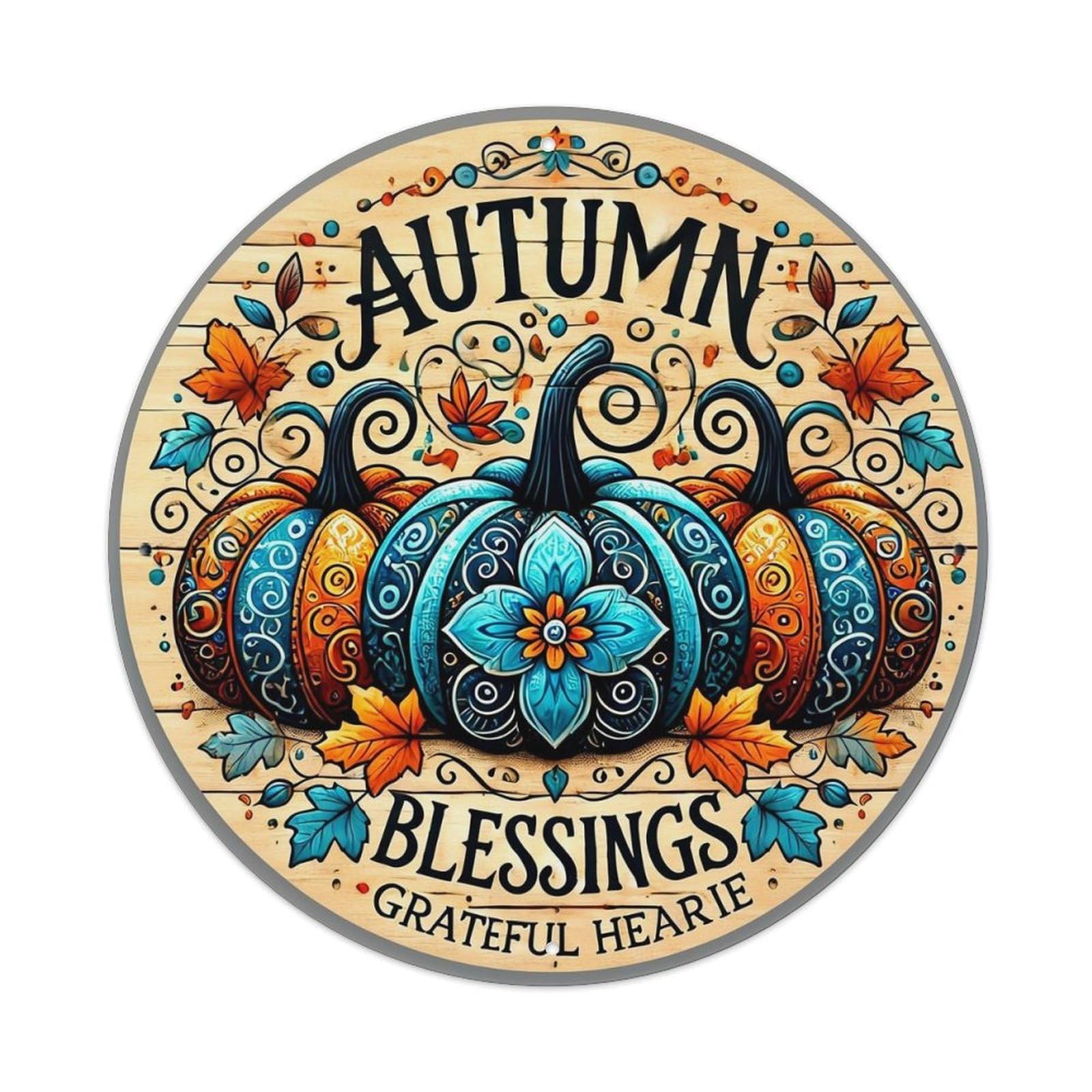 Autumn Pumpkins Leaves Swirls Blessings Metal Tin Sign Plaque