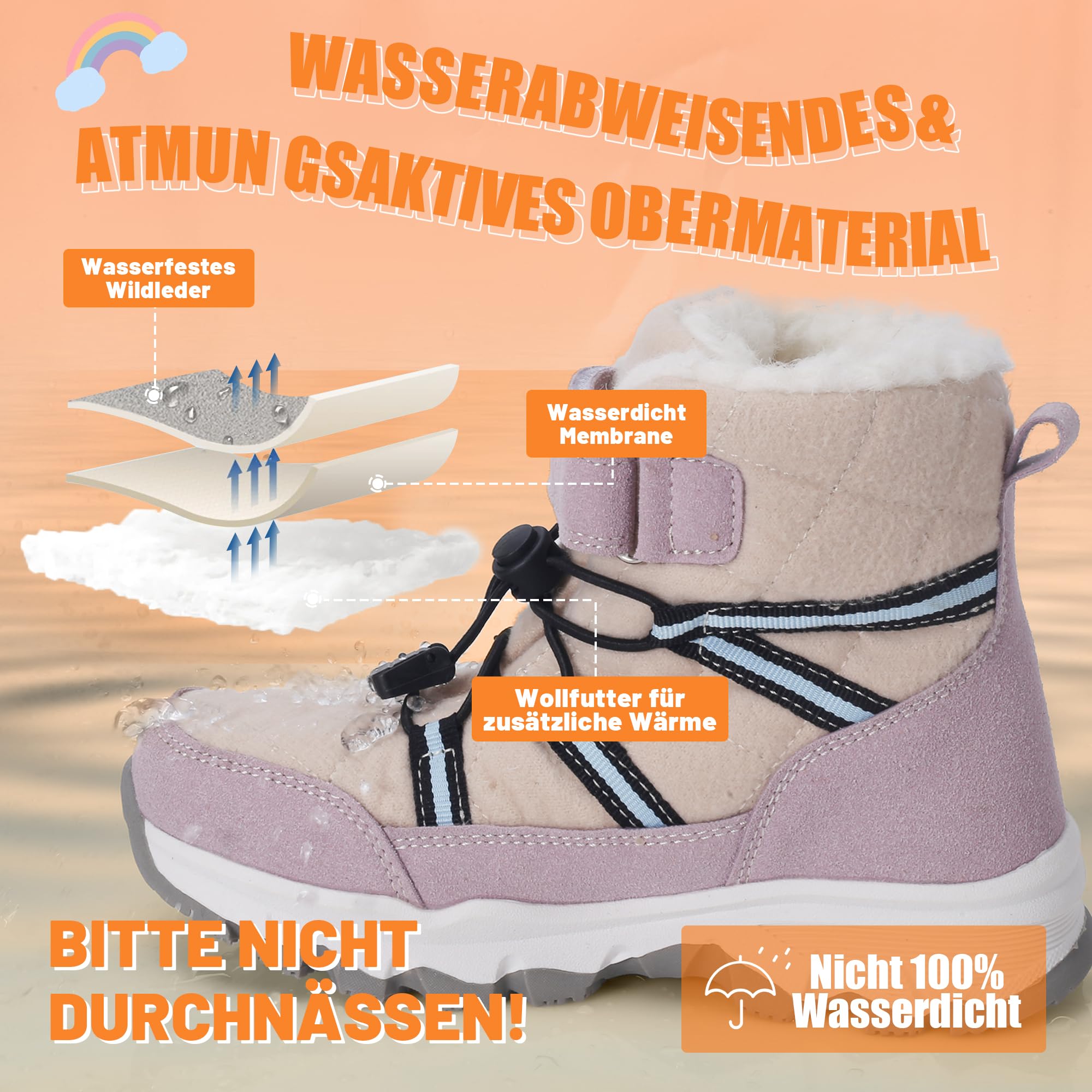 Stivali da Neve Bambini Scarpe Invernali di Lana Calde Antiscivolo Traspirante Escursionismo Scarponi da Ragazzi
