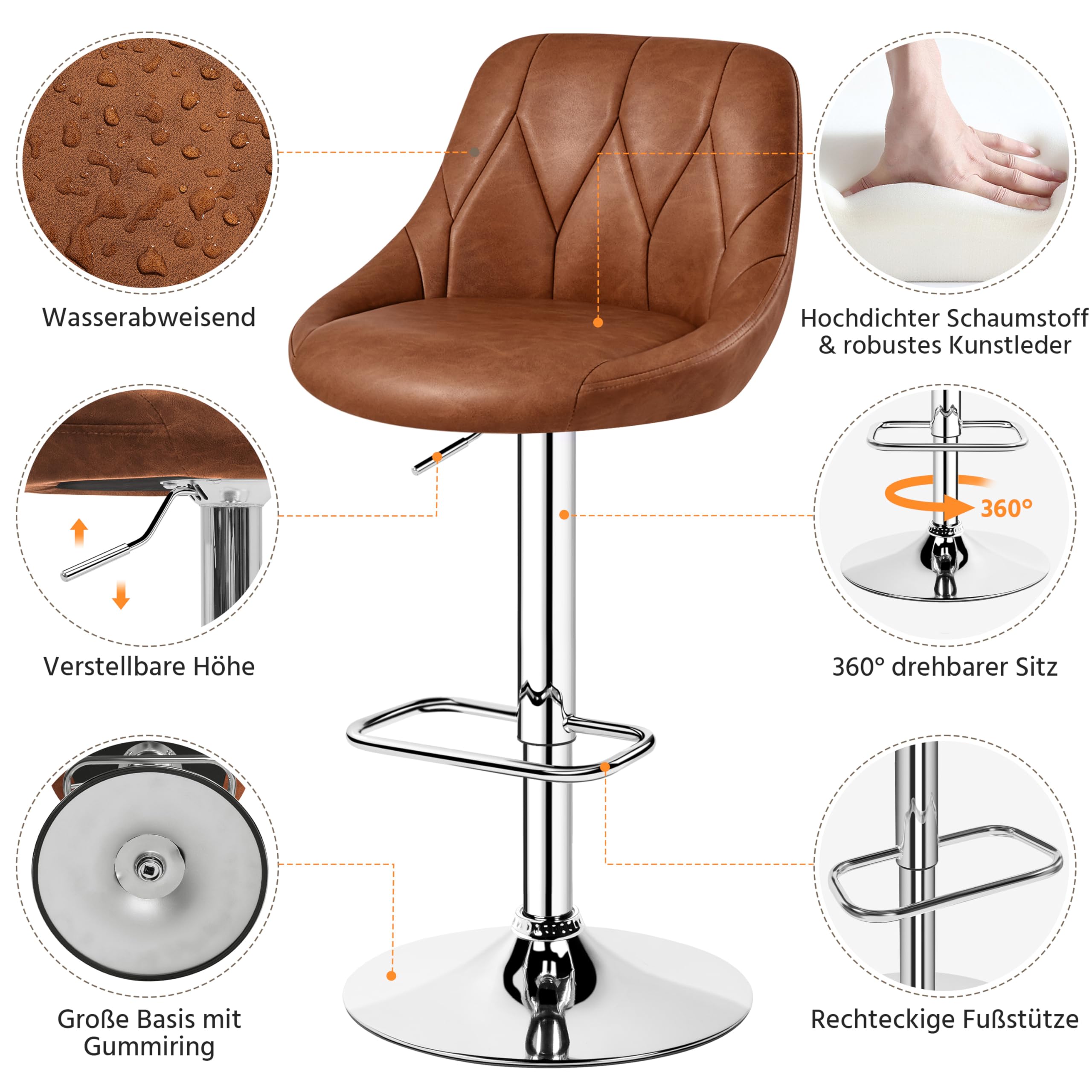 Yaheetech Barhocker 2er Set höhenverstellbarer Barstuhl 360° drehbarer Tresenhocker Polsterhocker mit Kunstleder für Küche/Bar/Salon/Esszimmer, braun