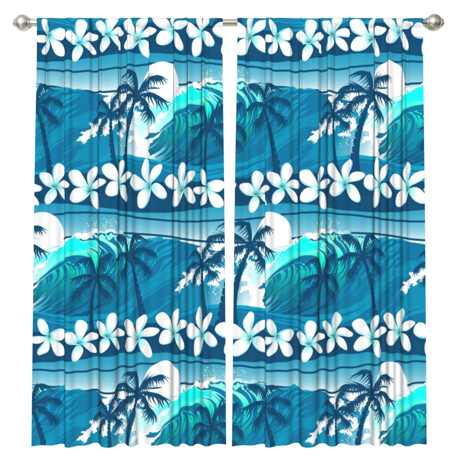 InOmak Blue Tropical Surfing With Palm Trees, 2 Panels Window Curtains 52 x 84 Inch Blackout Curtains for Living Room Bedroom