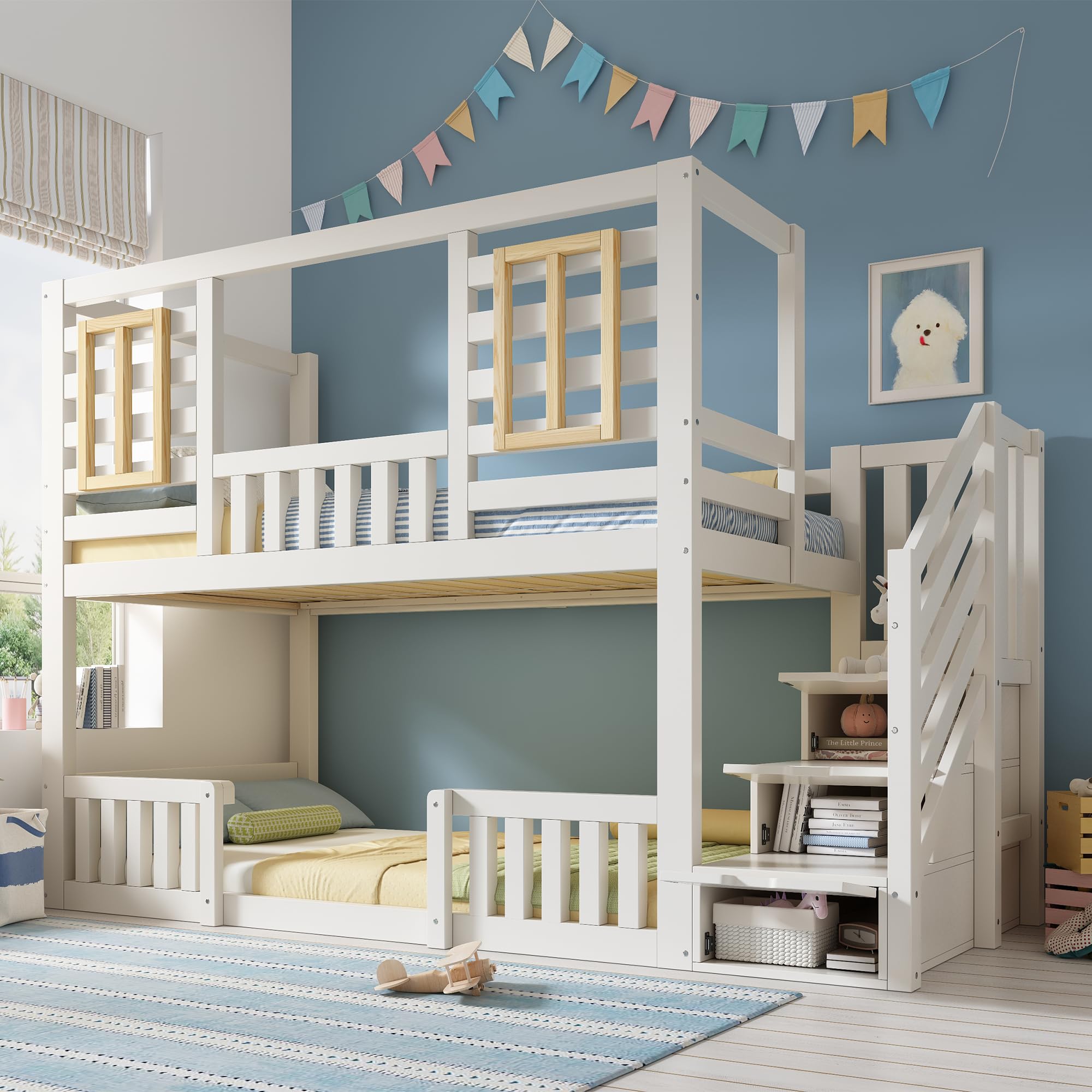 Etagenbett 90x200 cm mit Treppe Stauraum und Fenster, Kinderbett mit Geländer, Hochbett mit Weiß im Hüttenstil, Stauraumbett, Holzbett, Weiß-D(Ohne Matratze)