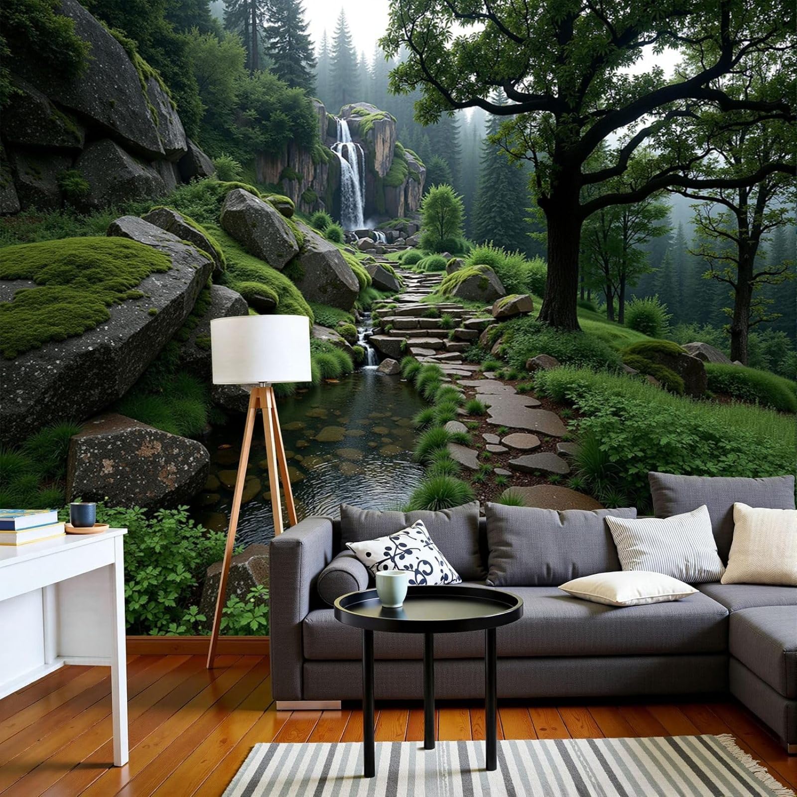 Kfjhgbdshhj 3D Mural Photo Wallpaper Peaceful Forest - Natural Waterfall Wall Decor Modern Wall Wallpaper Green Non-Woven Wallpaper For Living Room Bedroom Children's Room Wall Decor, 400Cm X 280Cm Stickers - Frameless Pa