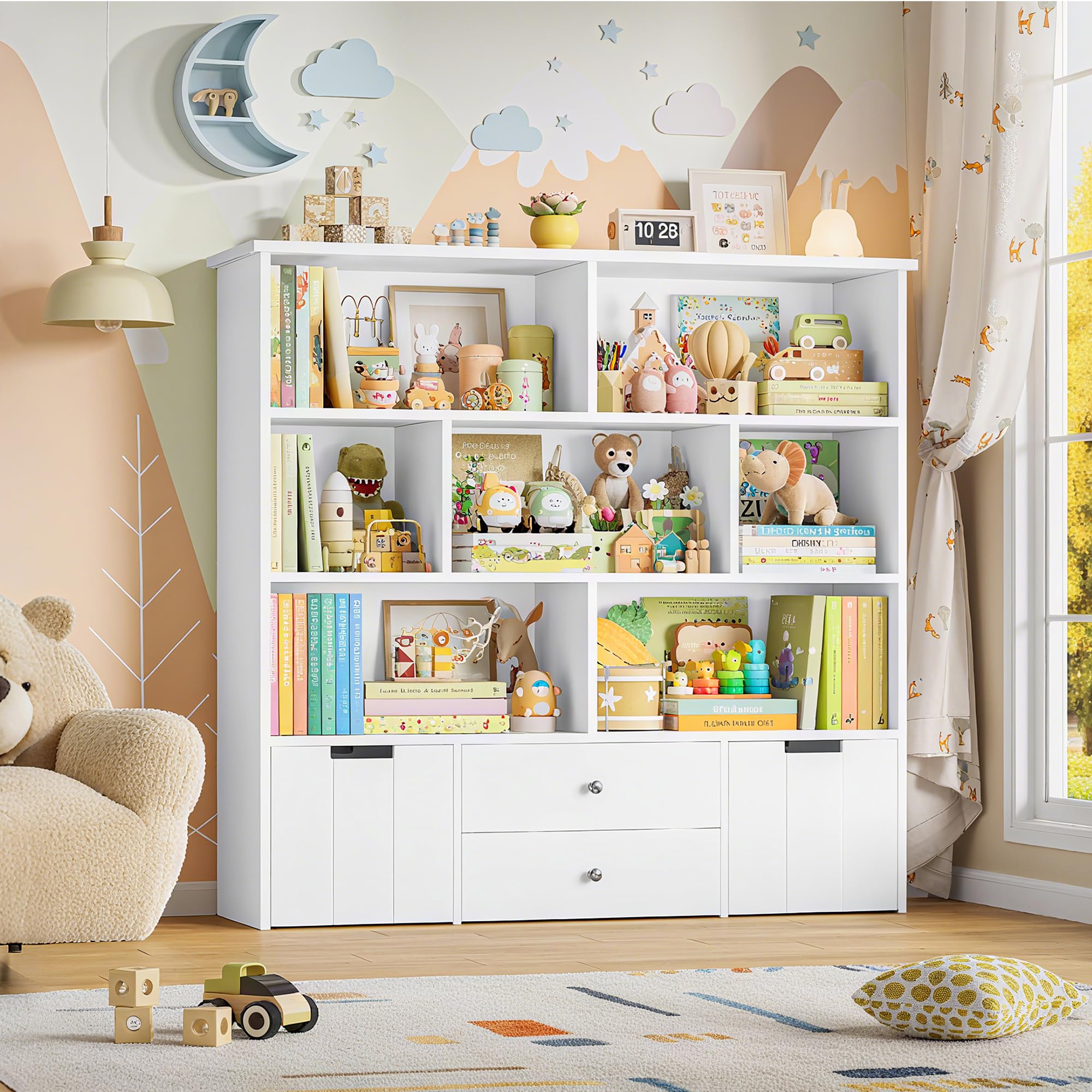 FOREHILL Estanteria Montessori Infantil Mueble Almacenaje Juguetes, Mueble Organizador Juguetes, con 4 Cajones, 7 Compartimentos Abiertos, para Habitación Infantil, Salón, Blanco 125x33x120 cm