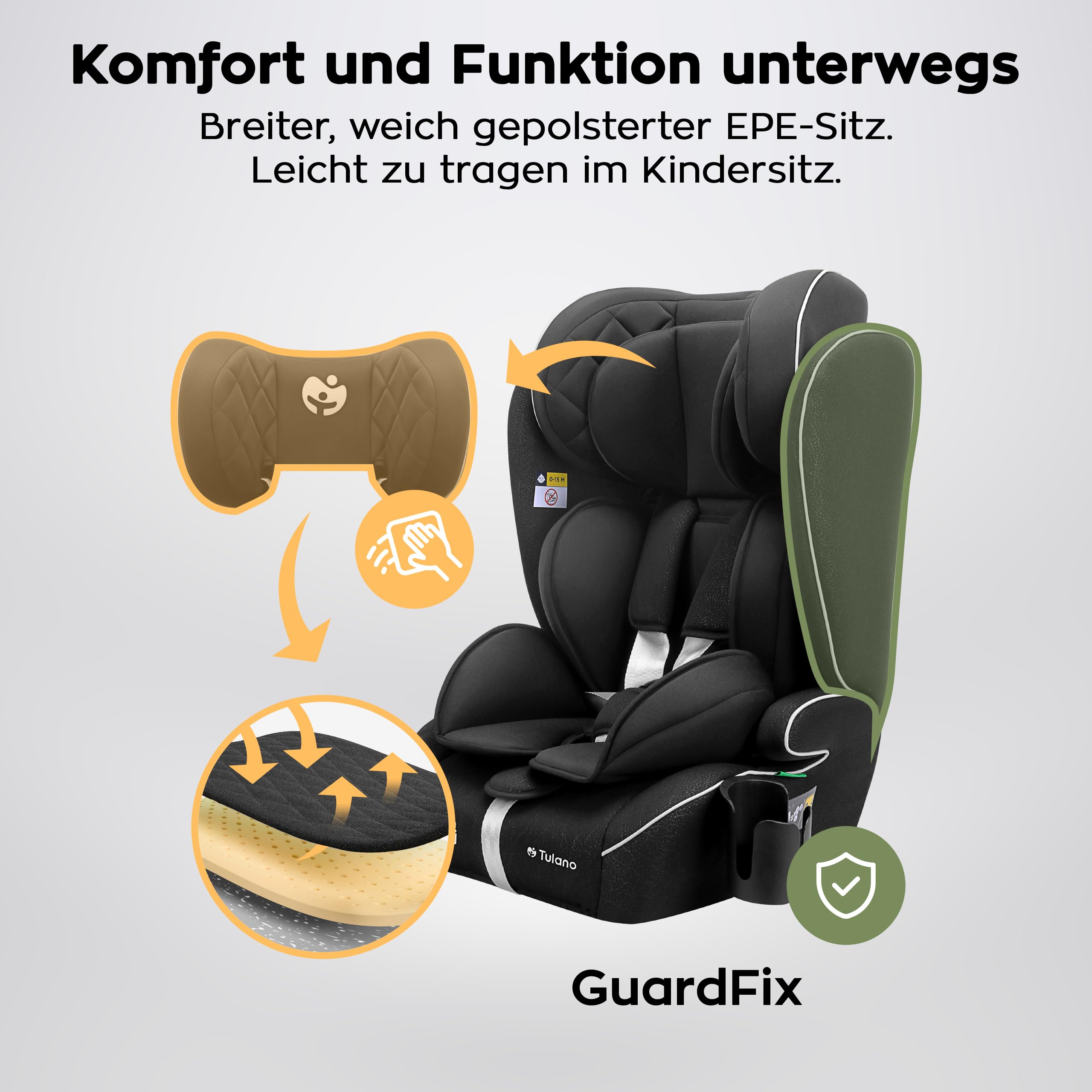 Tulano Zooma 25 Kindersitz 15-36 kg, Autositz für Kinder 76-150 cm, Grau | ohne ISOFIX - ergonomisch mit verstellbarem - Kopfteil und waschbarem Bezug - komfortable Polsterung für sicheres Reisen