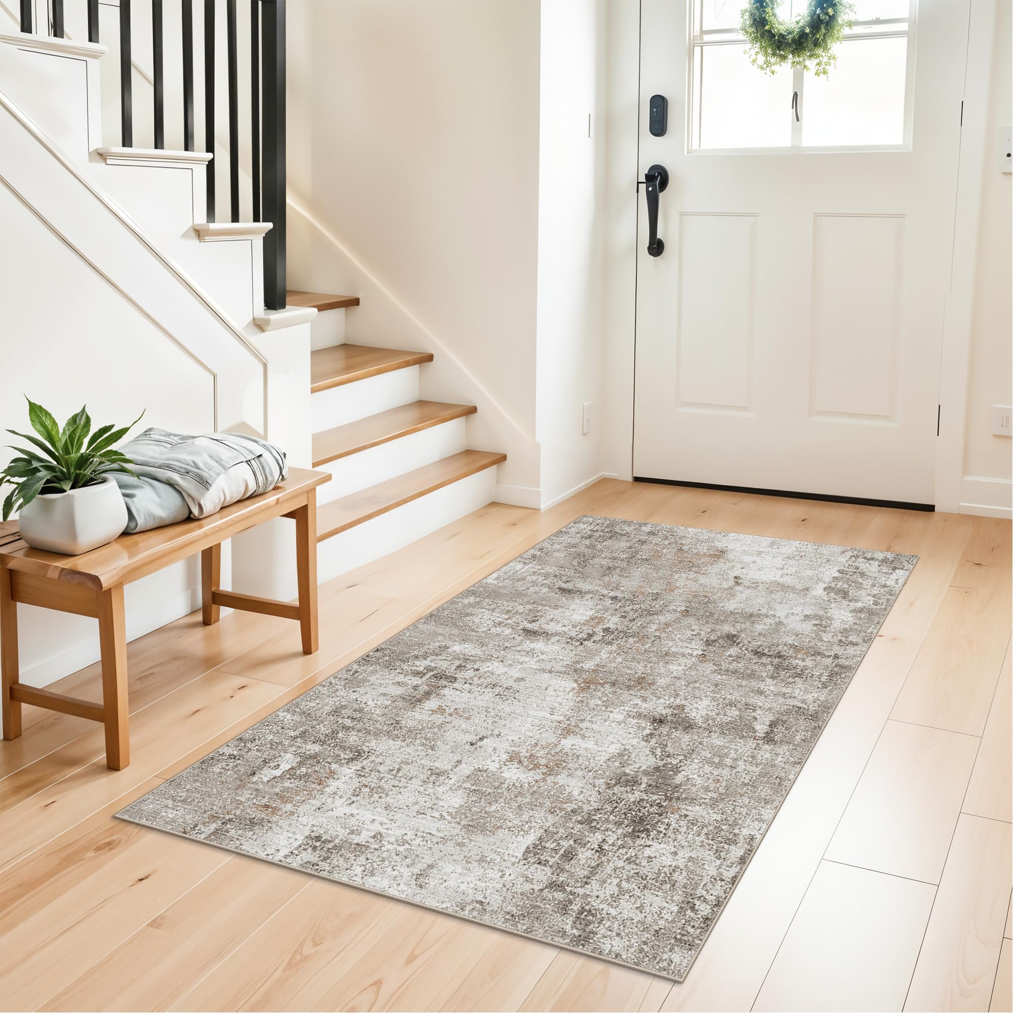 3x4 Washable Entryway Area Rug - Non-Slip Modern Small Indoor Mat for Bathroom,Living Room,Bedroom - Abstract Neutral Soft Low-Pile Throw Carpet with Rubber Backing (Beige Grey) — image 1