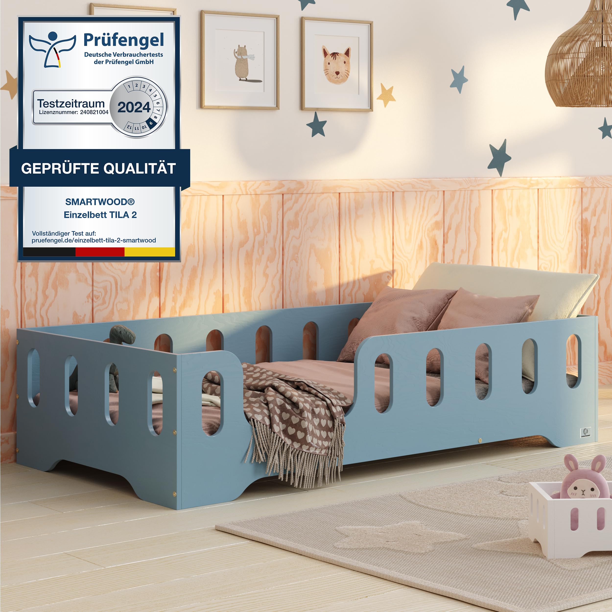 smartwood Bodenbett 70x140 Blau - Montessori Kinderbett aus Holz mit FSC-Zertifikat TILA 2L mit Rausfallschutz & Lattenrost bis 230kg belastbar - Einfache Montage