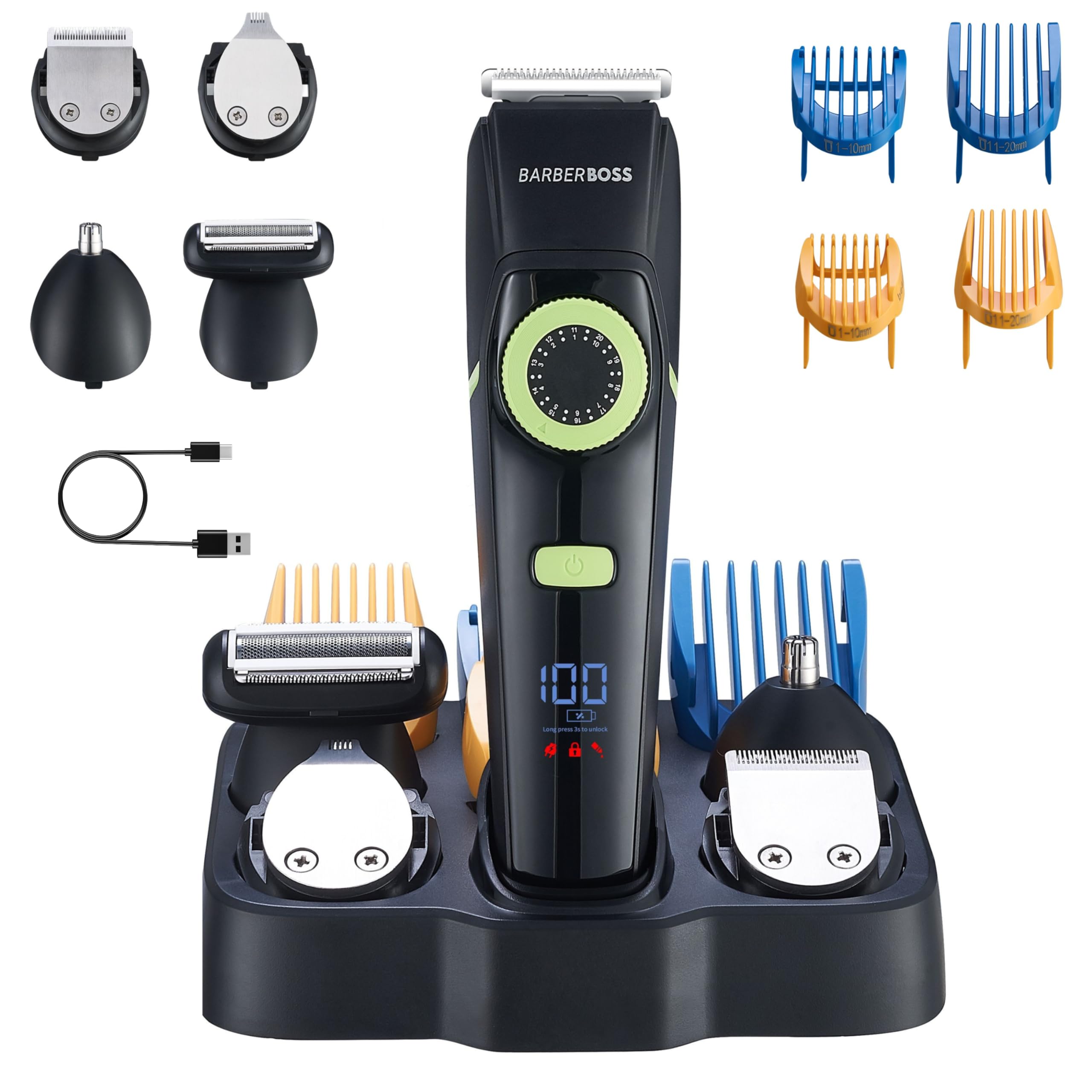 BarberBoss Tagliacapelli da uomo, kit per la cura della barba da uomo, rasoio per orecchie e naso, quadrante di precisione, lama in ceramica, 4 pettini guida, impermeabile, display a LED