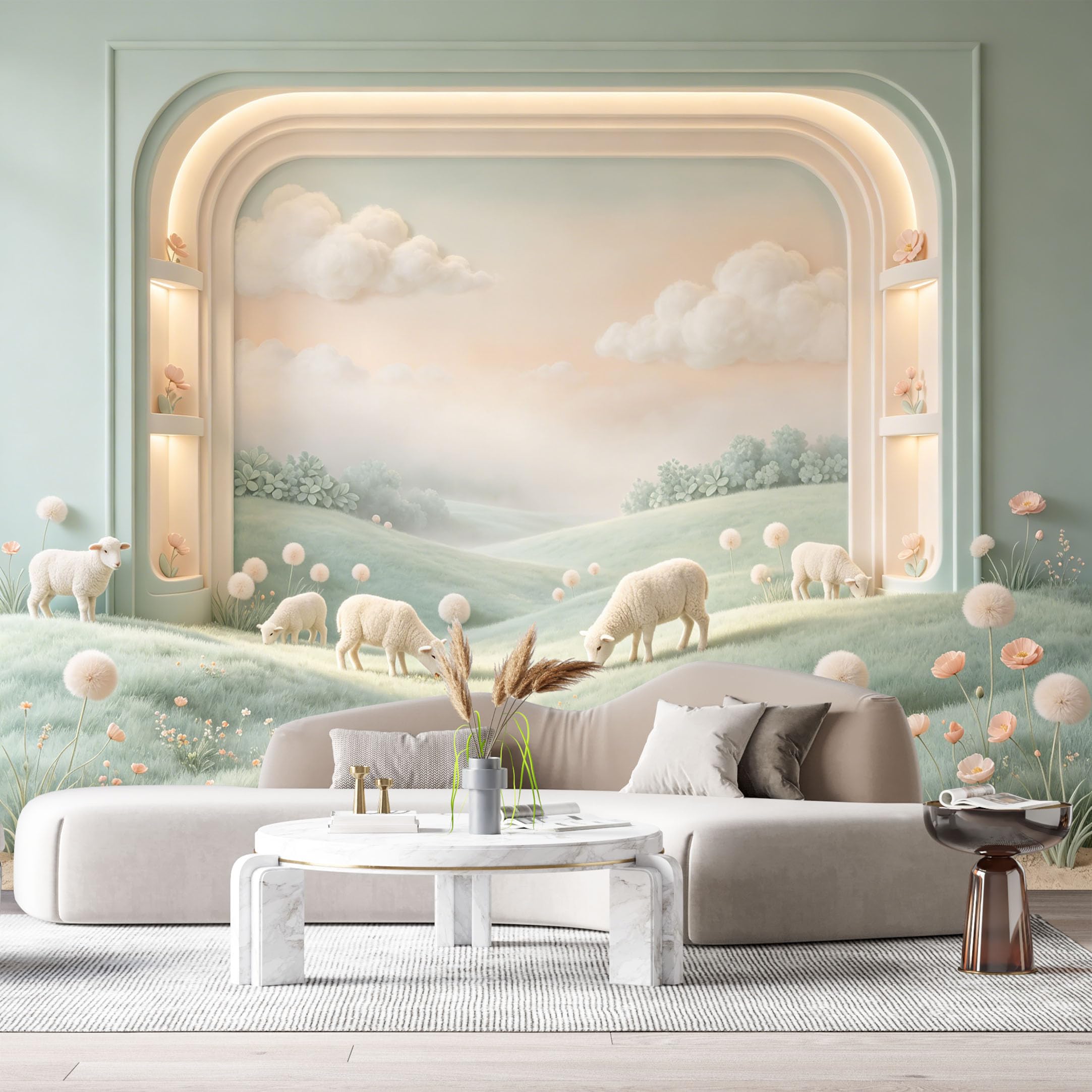 Custom Size Wall Murals Pastoral Sheep Landscape Minimalist 3D Trompe L'Oeil SelfAdhesiveWall Fabric Removable Wallpaper Wall Decor for Living Room Bedroom Bathroom
