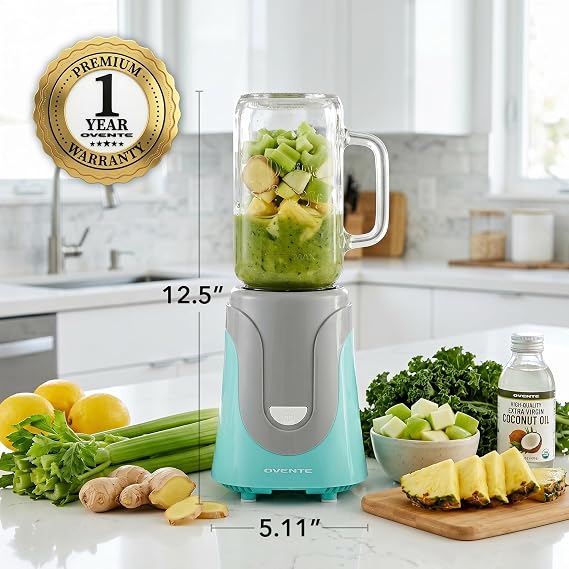 OVENTE Retro Personal Blender and Smoothie Maker with 18 Oz Mason Jar, 300W Base, Stainless Steel Blades, BPA-Free and Dishwasher Safe Container, Includes Reusable Straw and Lid, Turquoise BLH1002T